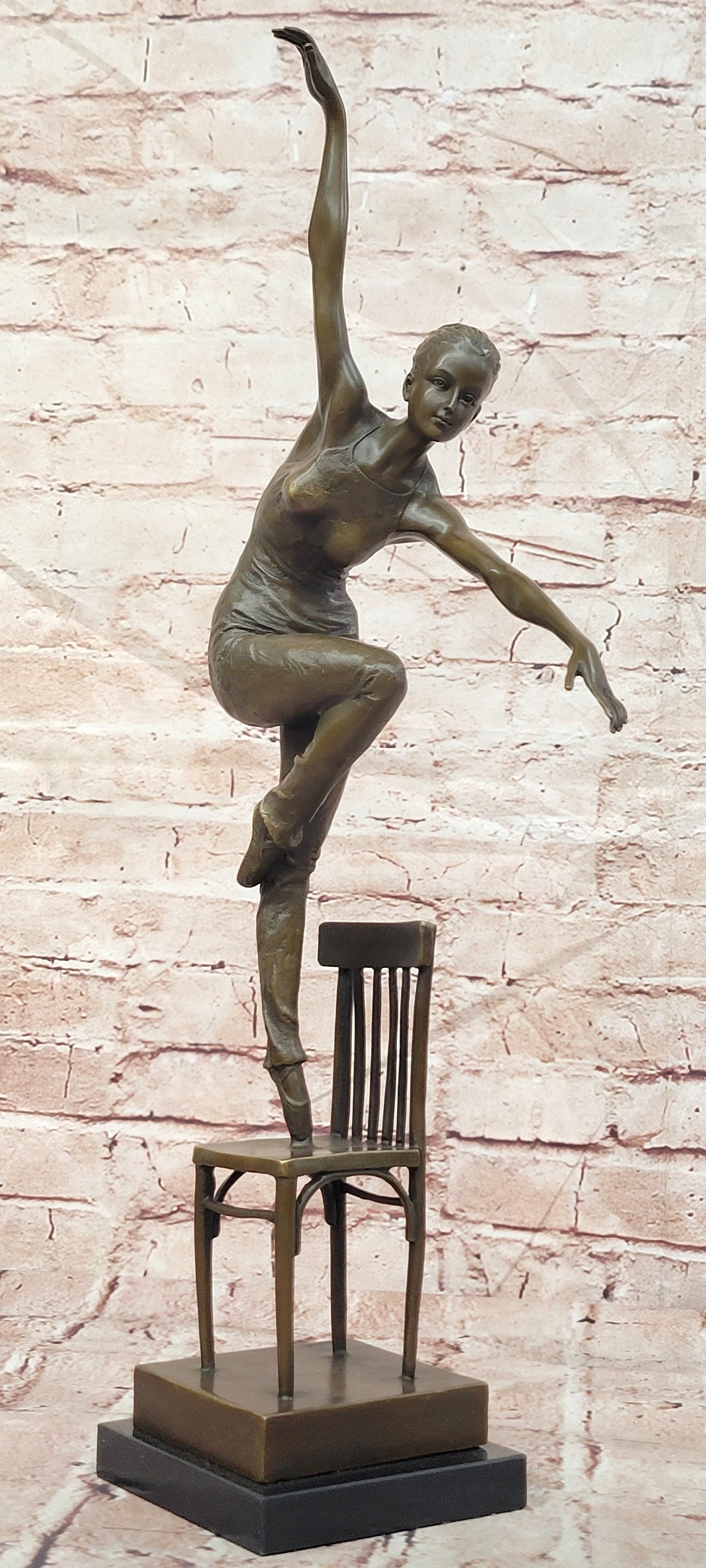 Bronze Female Dancer Statue Chair Pose Signed Patoue Collectible Figurine
