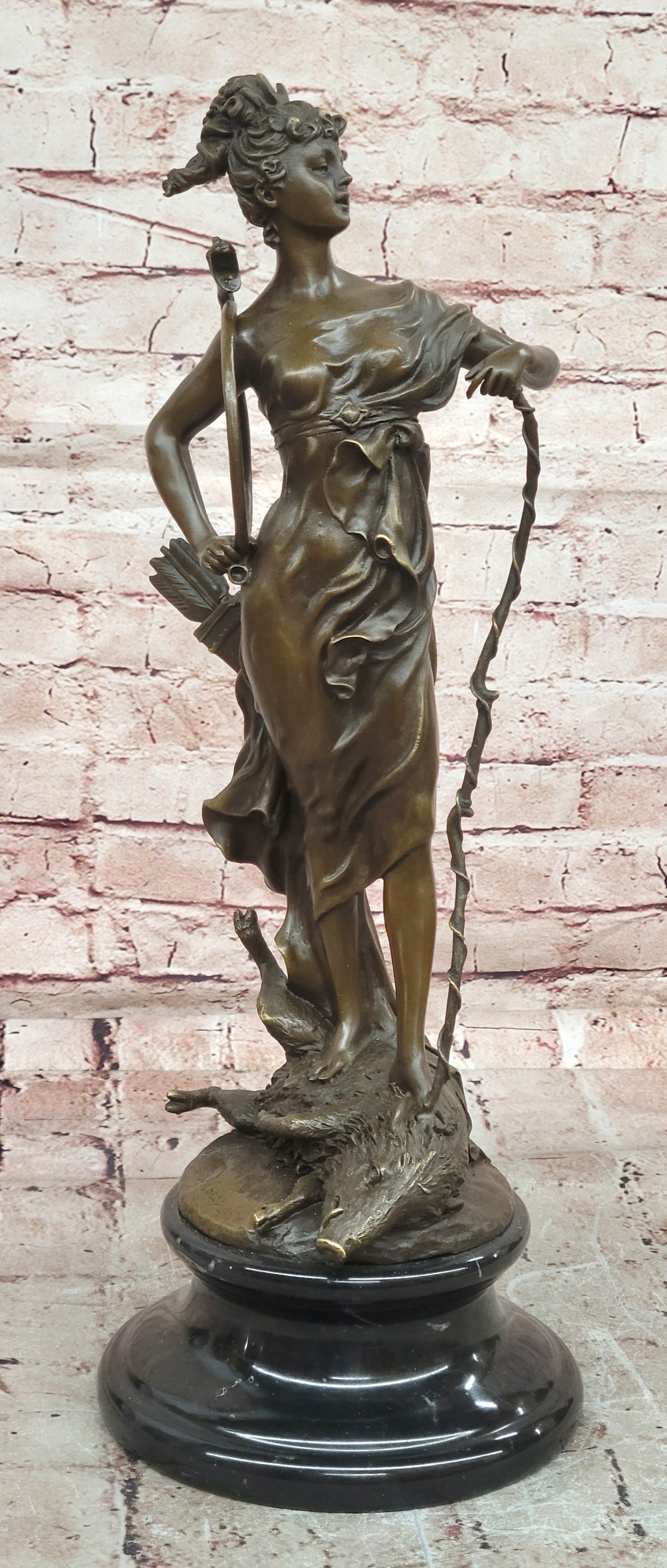 Classical Diana Bronze Sculpture Goddess Hunter with Bow Boar Art Statue