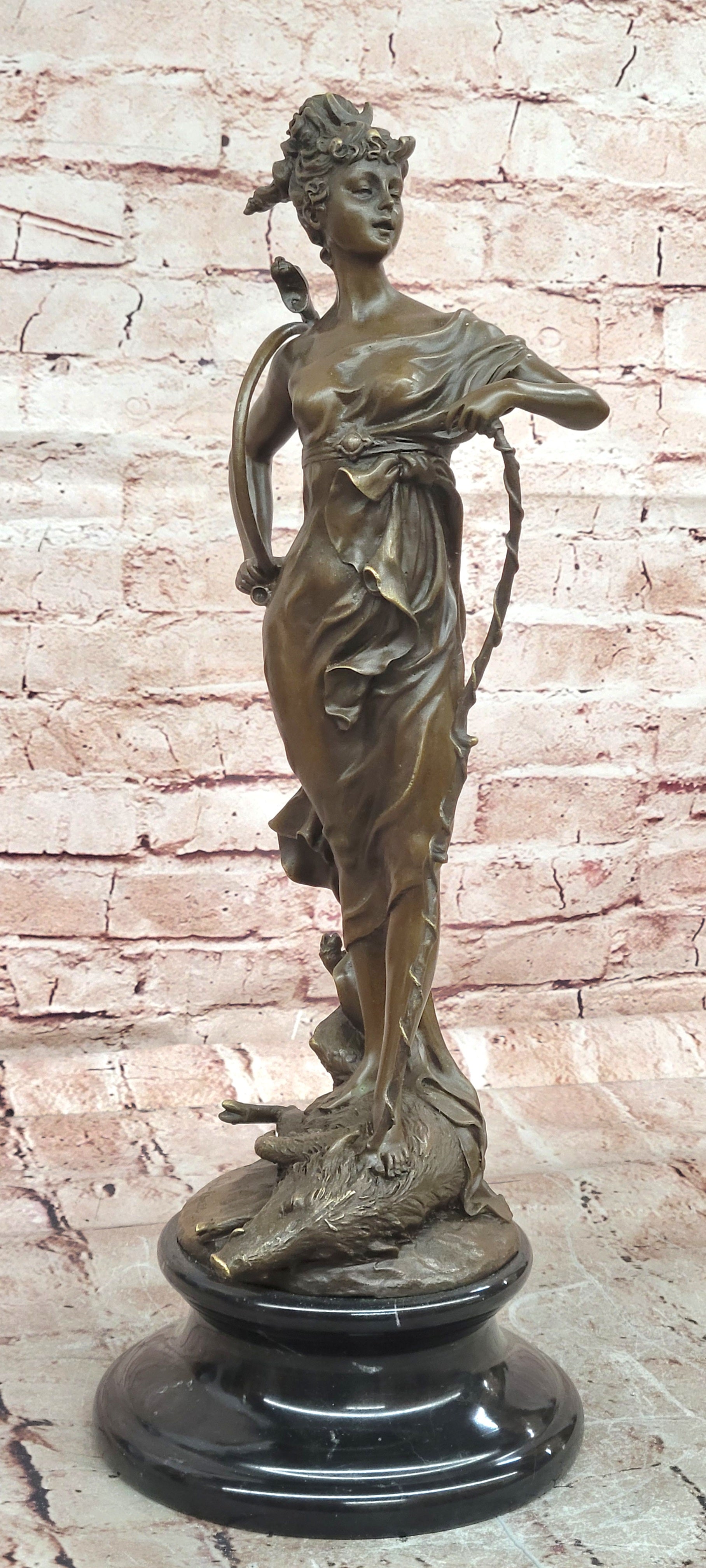 Classical Diana Bronze Sculpture Goddess Hunter with Bow Boar Art Statue