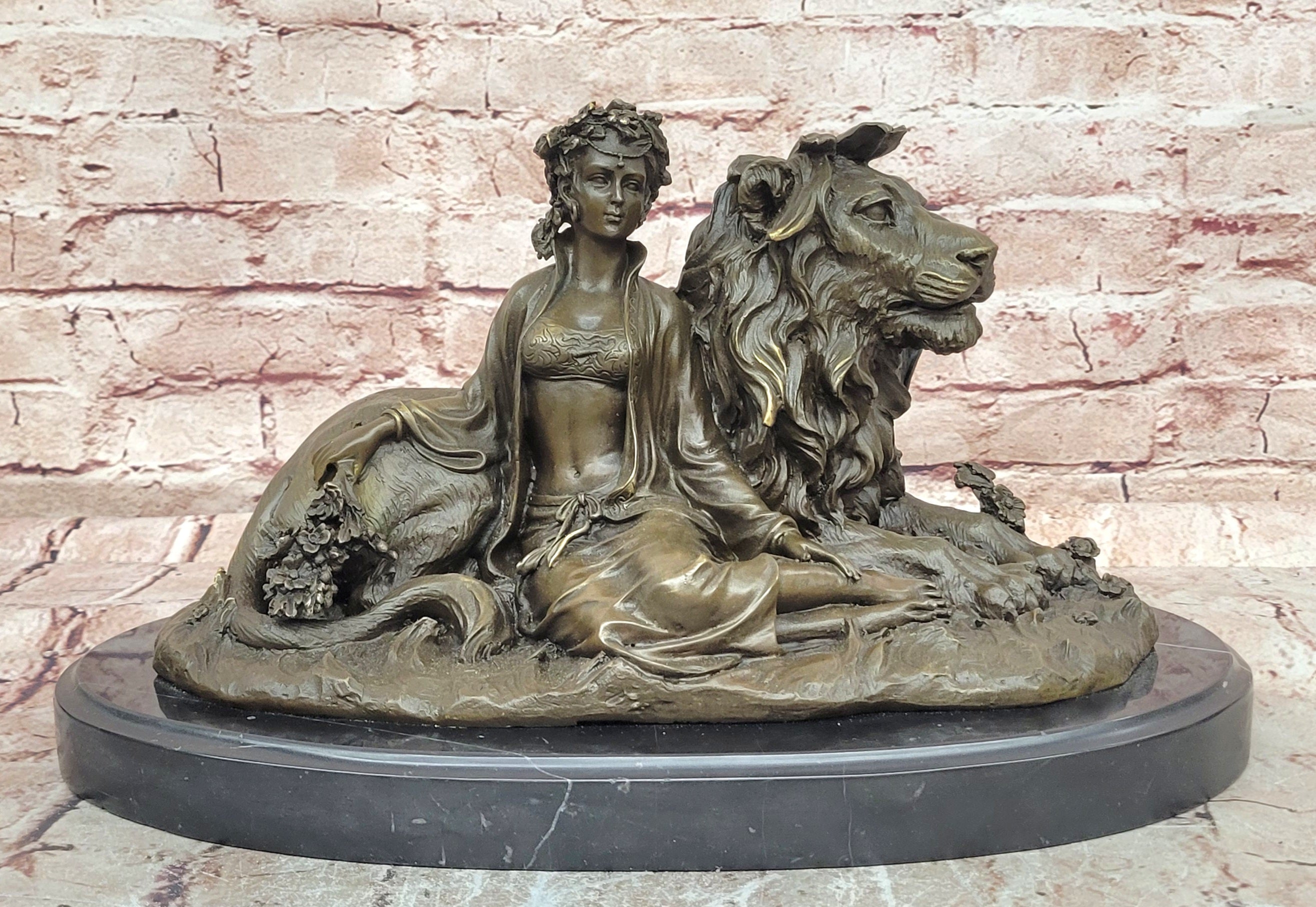 Vitaleh Bronze Sculpture Woman and Lion Beauty Beast Mythical Art Statue