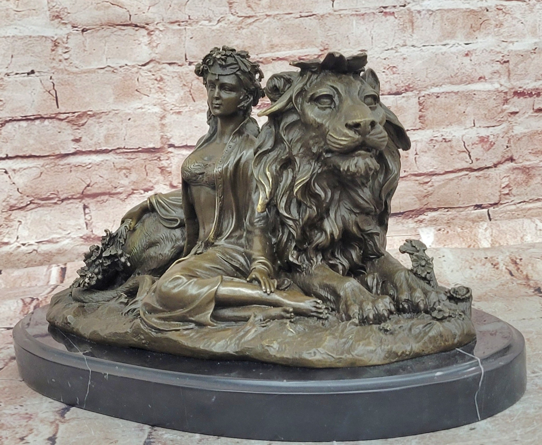 Vitaleh Bronze Sculpture Woman and Lion Beauty Beast Mythical Art Statue