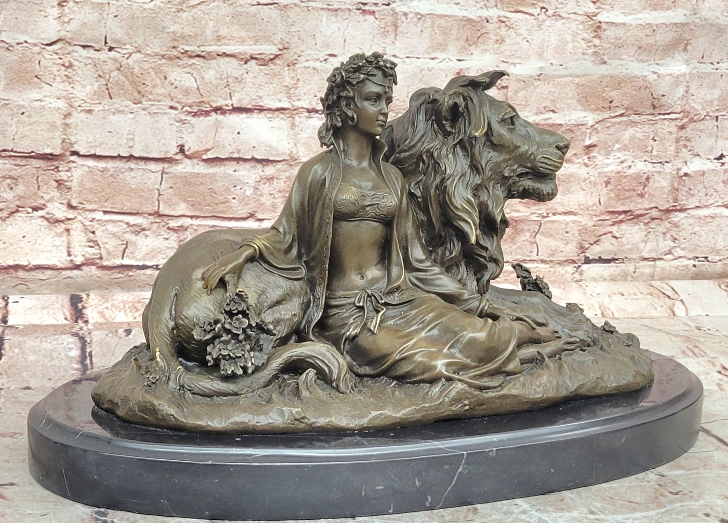 Vitaleh Bronze Sculpture Woman and Lion Beauty Beast Mythical Art Statue