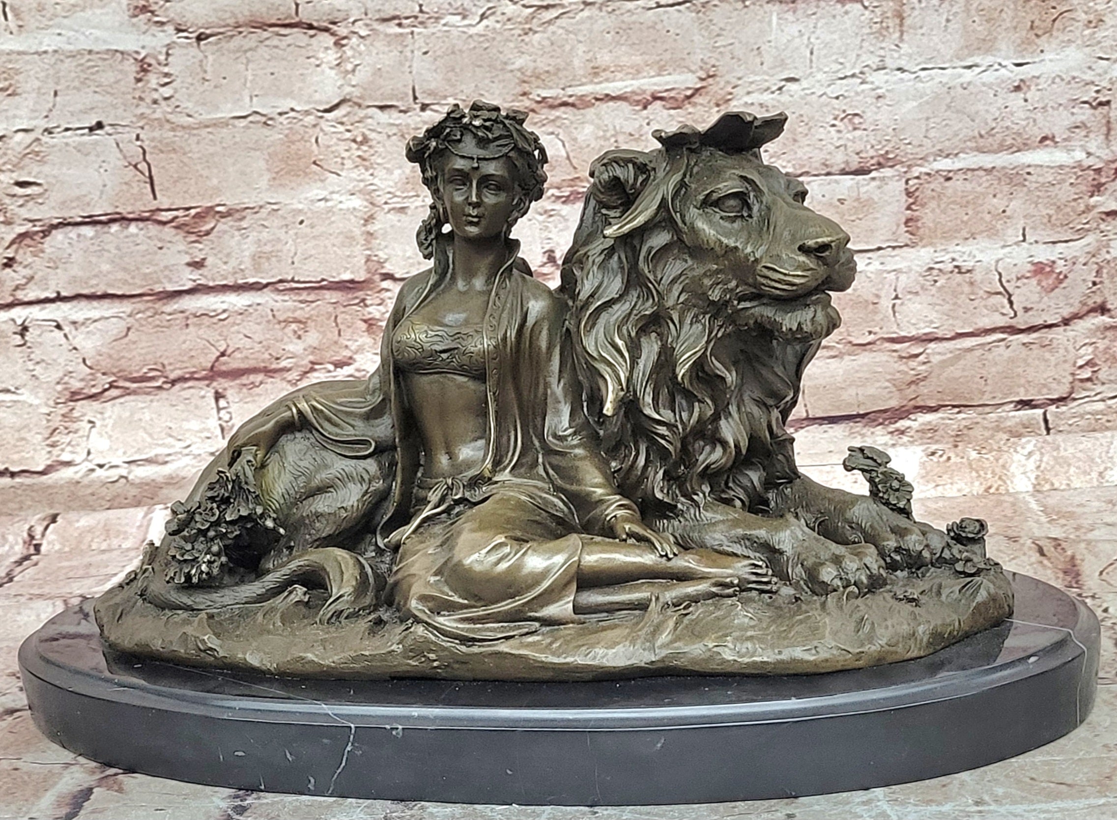 Vitaleh Bronze Sculpture Woman and Lion Beauty Beast Mythical Art Statue
