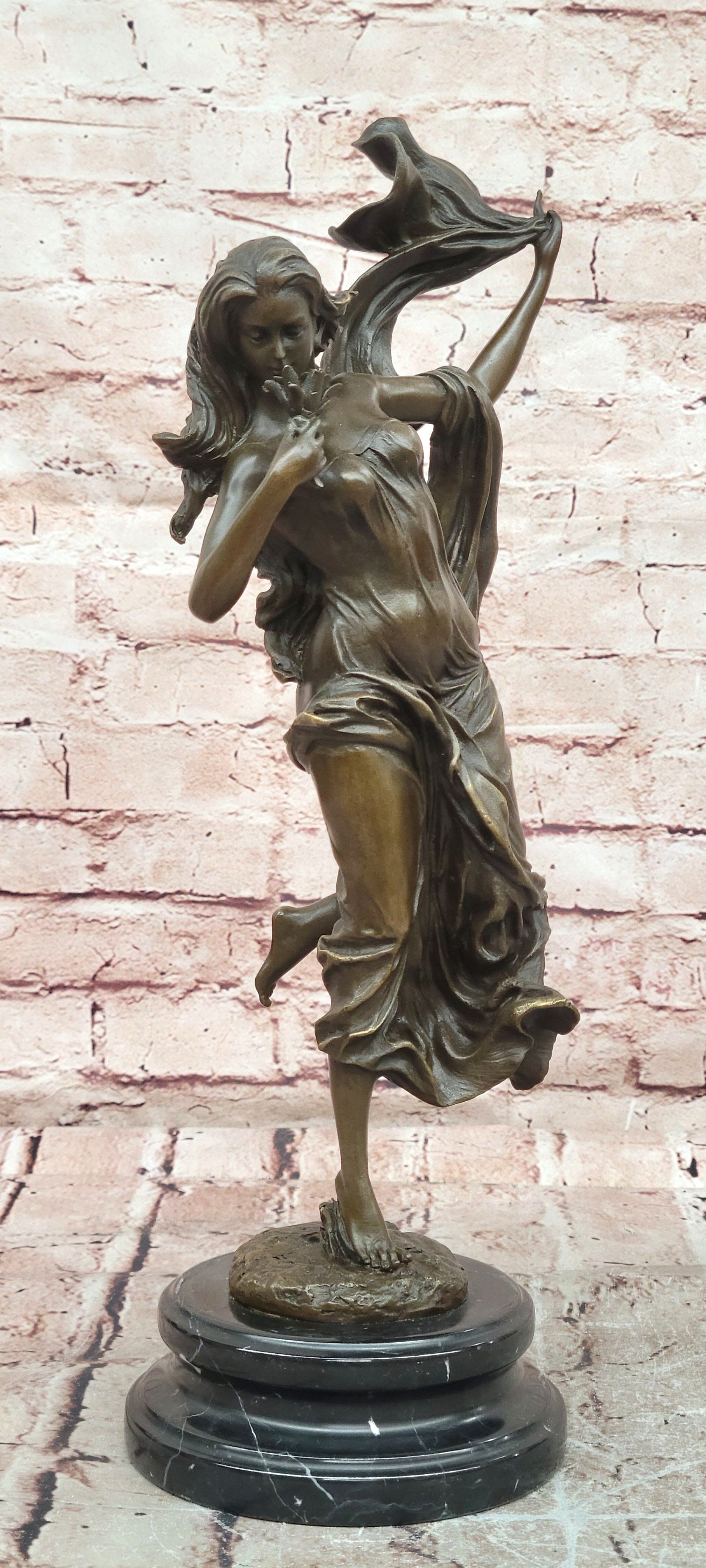 Art Deco Young Girl Flower Bronze Statue Cesaro Marble Base Museum Quality Gift