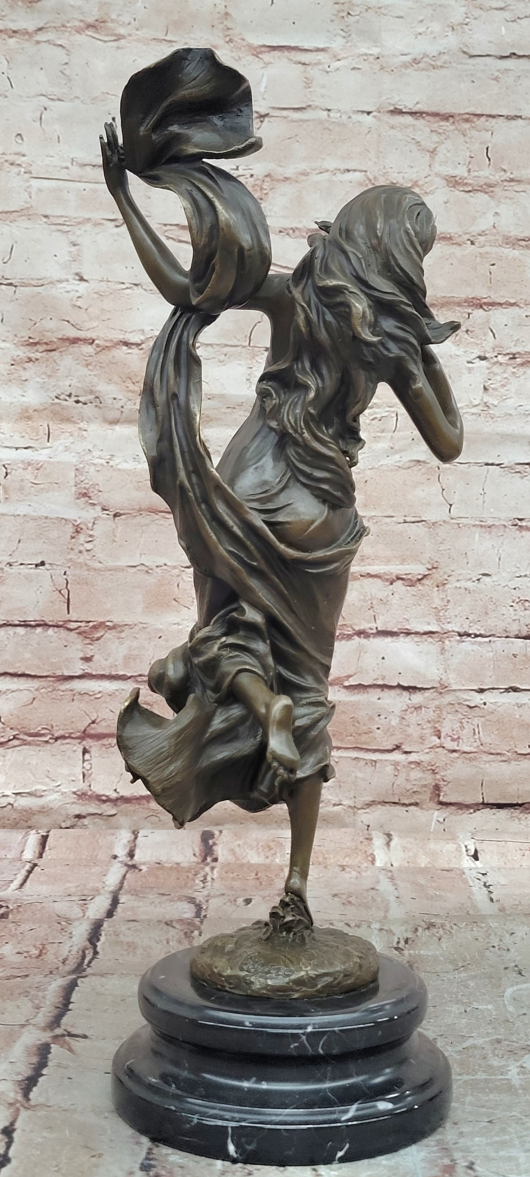 Art Deco Young Girl Flower Bronze Statue Cesaro Marble Base Museum Quality Gift