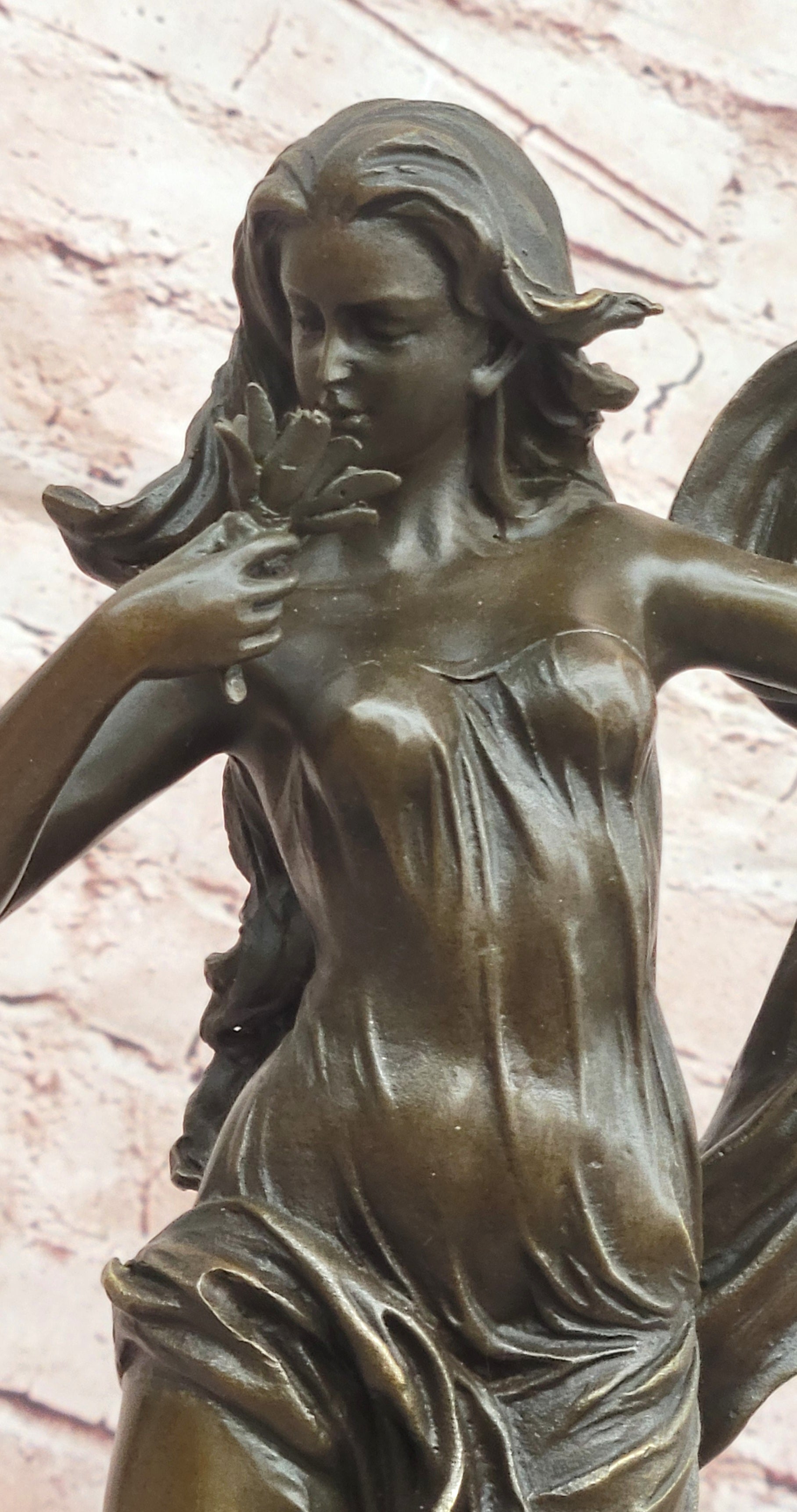 Art Deco Young Girl Flower Bronze Statue Cesaro Marble Base Museum Quality Gift