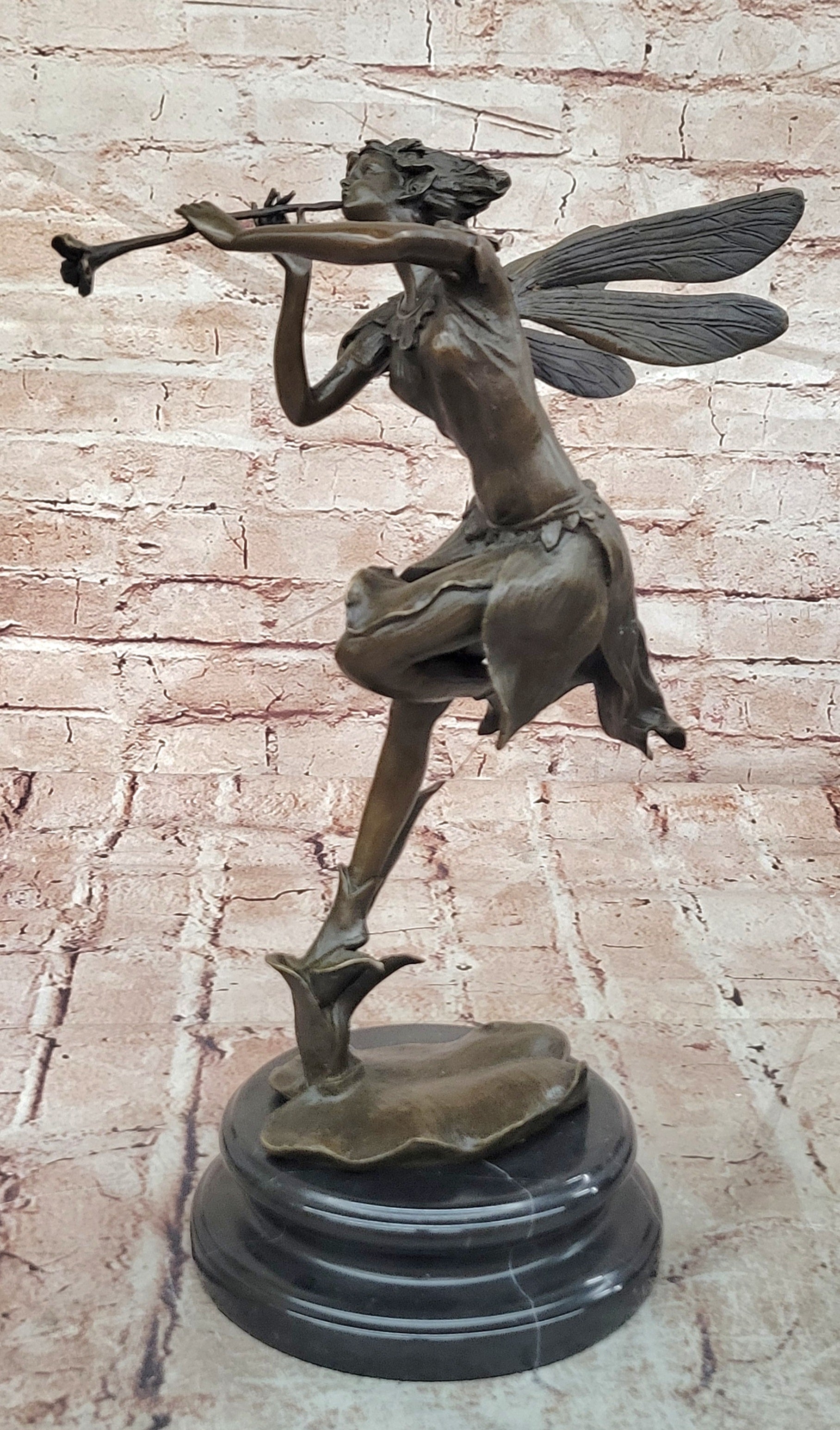 Cesaro Bronze Fairy Nymph Figurine with Flute Mythology Fine Art Decorative Statue