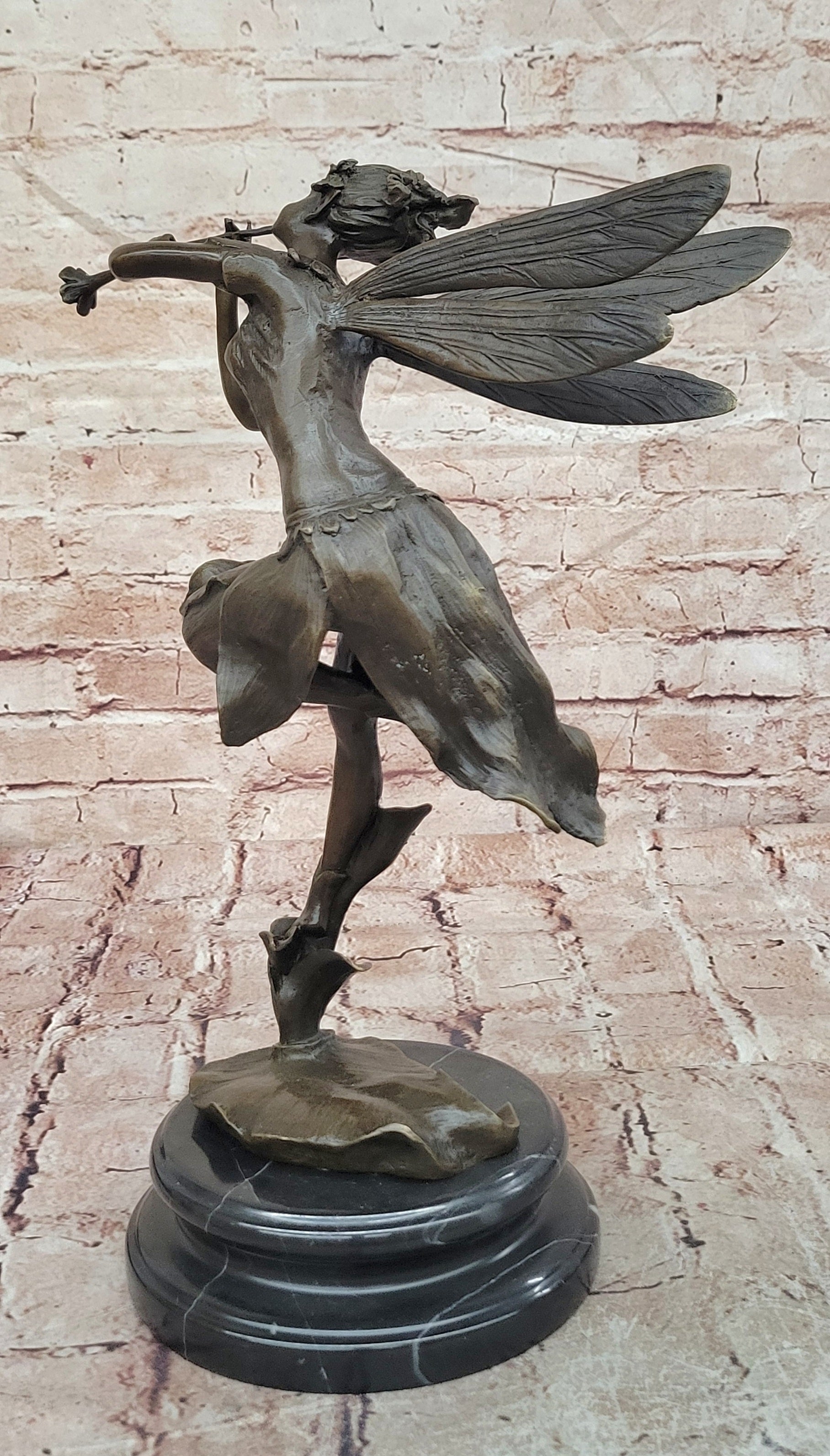 Cesaro Bronze Fairy Nymph Figurine with Flute Mythology Fine Art Decorative Statue