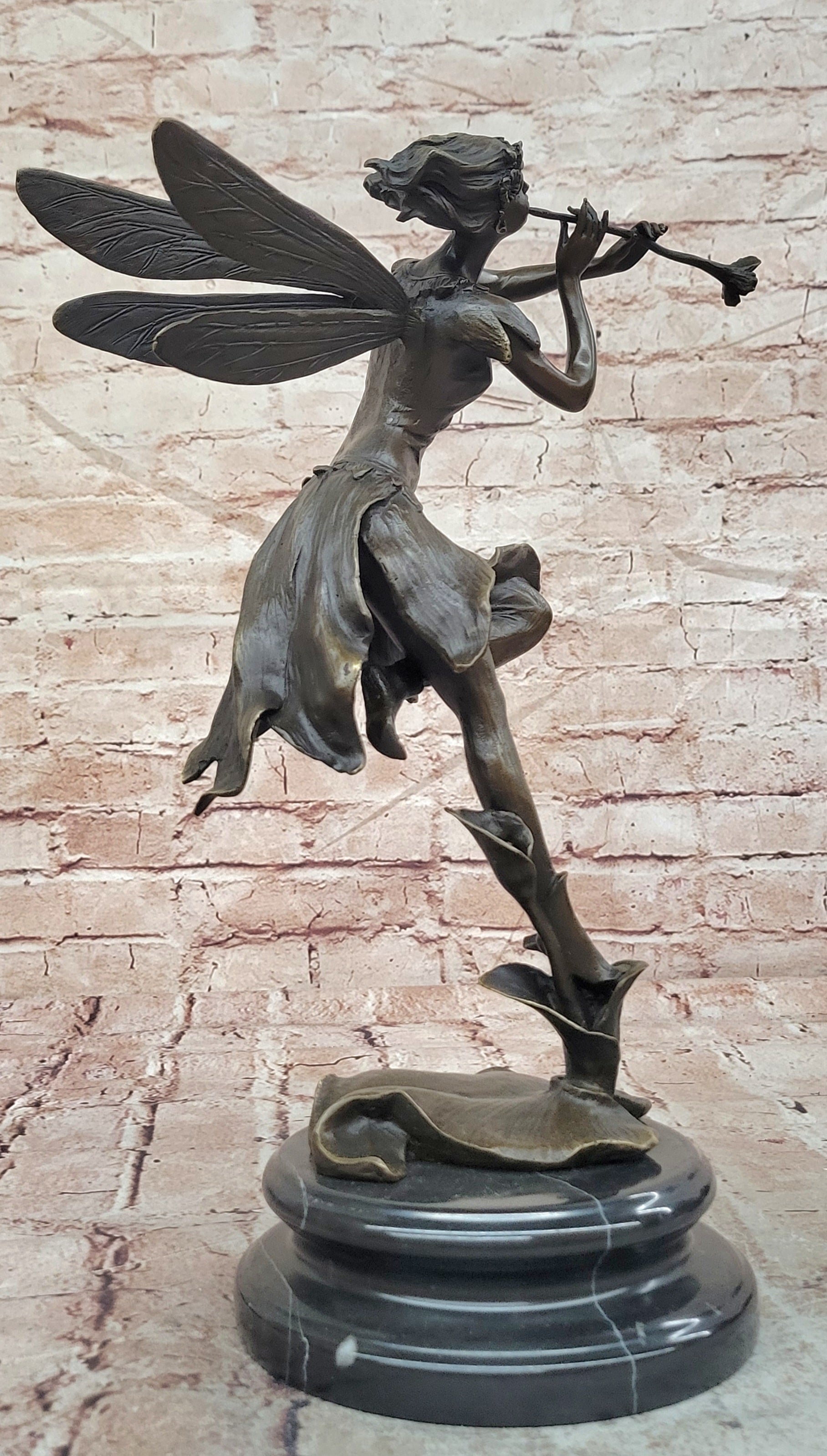 Cesaro Bronze Fairy Nymph Figurine with Flute Mythology Fine Art Decorative Statue