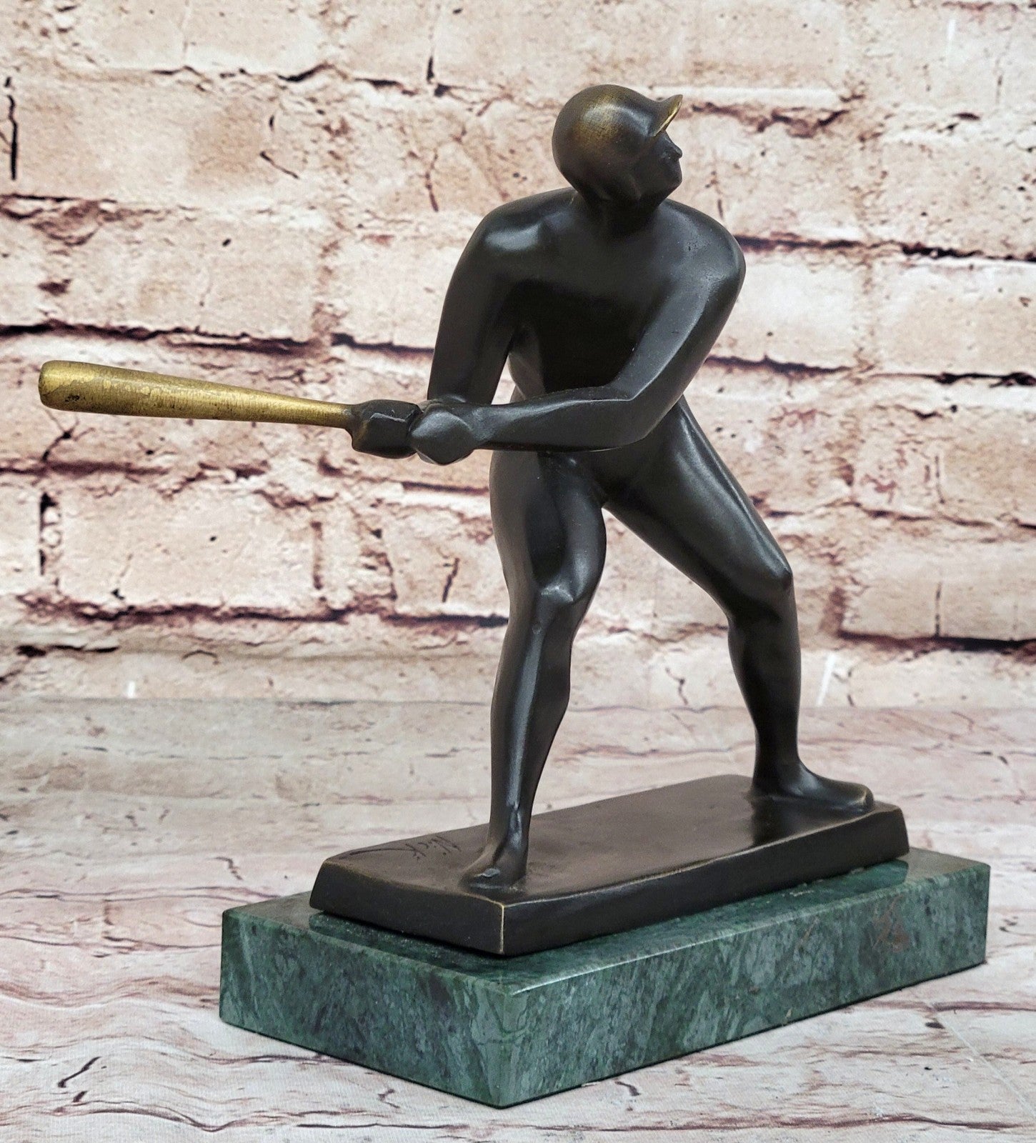 Abstract Detailed Hand Made by Lost Wax Method Baseball Player with Green Marble