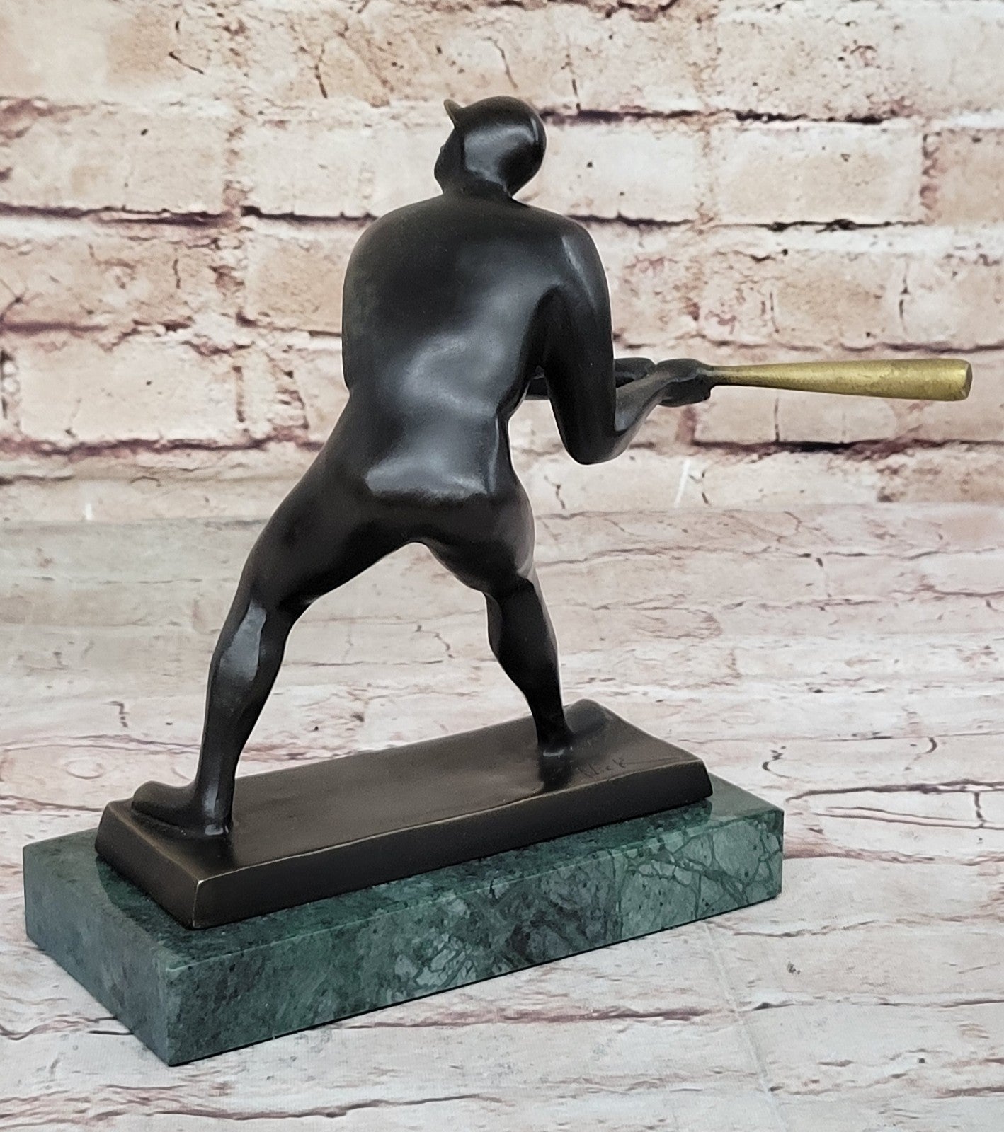 Abstract Detailed Hand Made by Lost Wax Method Baseball Player with Green Marble