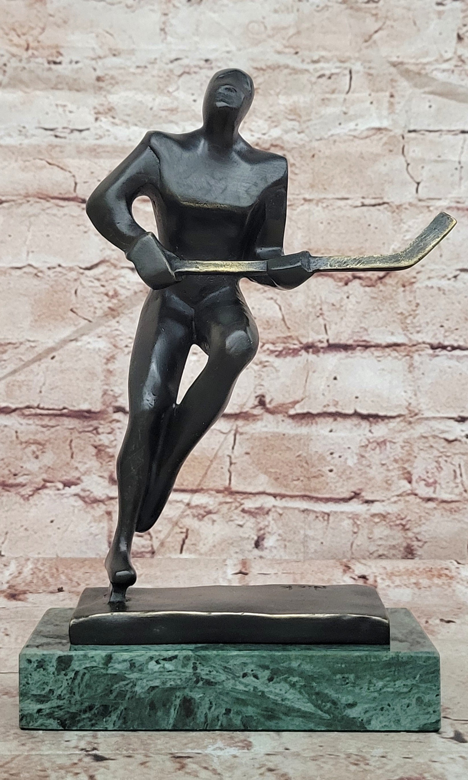 100% Real Bronze Abstract Modern Art Male Hockey Player Sculpture Sport Decor