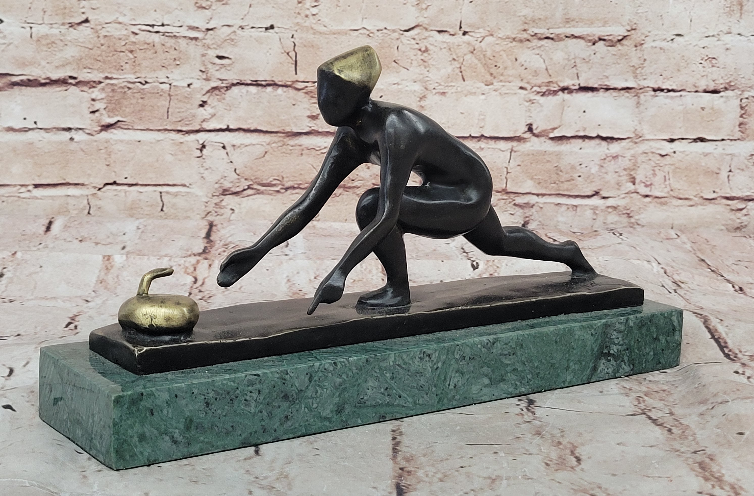 Curling Trophy Mid Century Grand Prize Men`s Male Metal Lost Wax Method Statue
