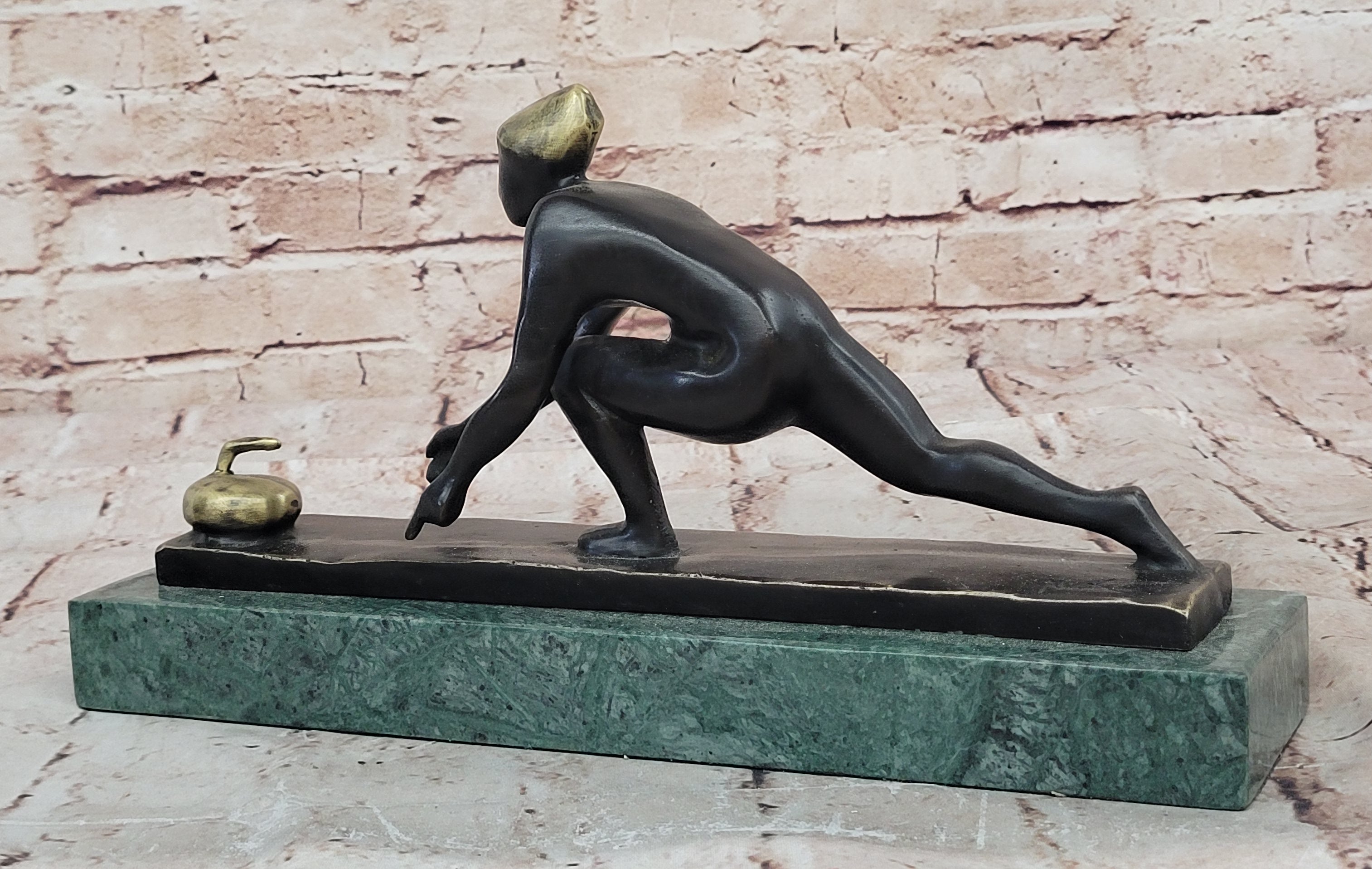 Curling Trophy Mid Century Grand Prize Men`s Male Metal Lost Wax Method Statue