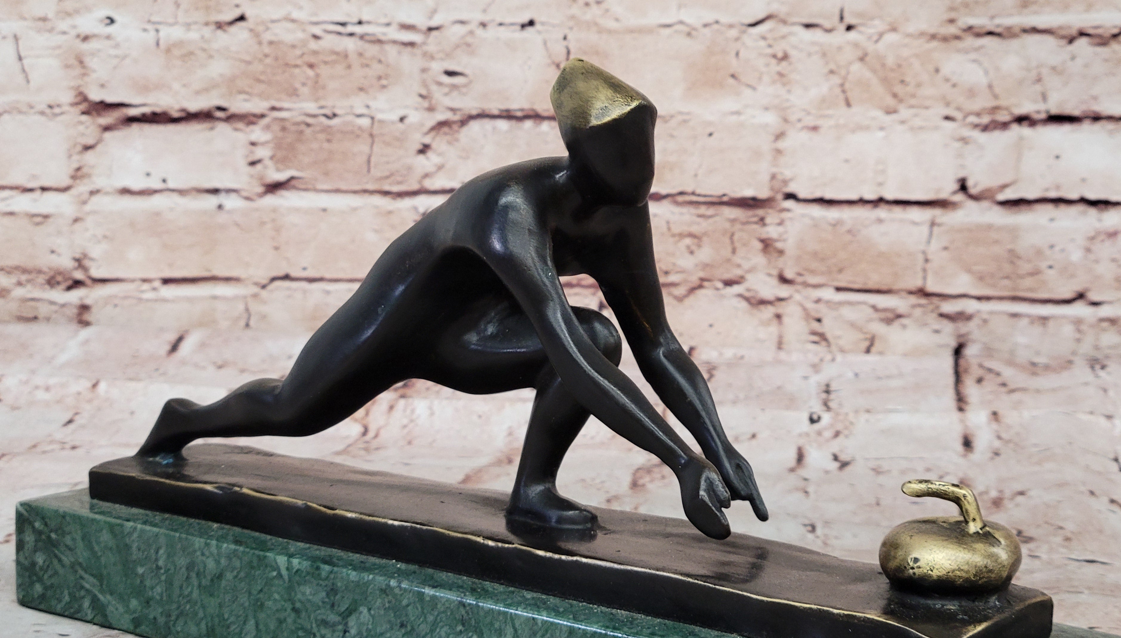 Curling Trophy Mid Century Grand Prize Men`s Male Metal Lost Wax Method Statue