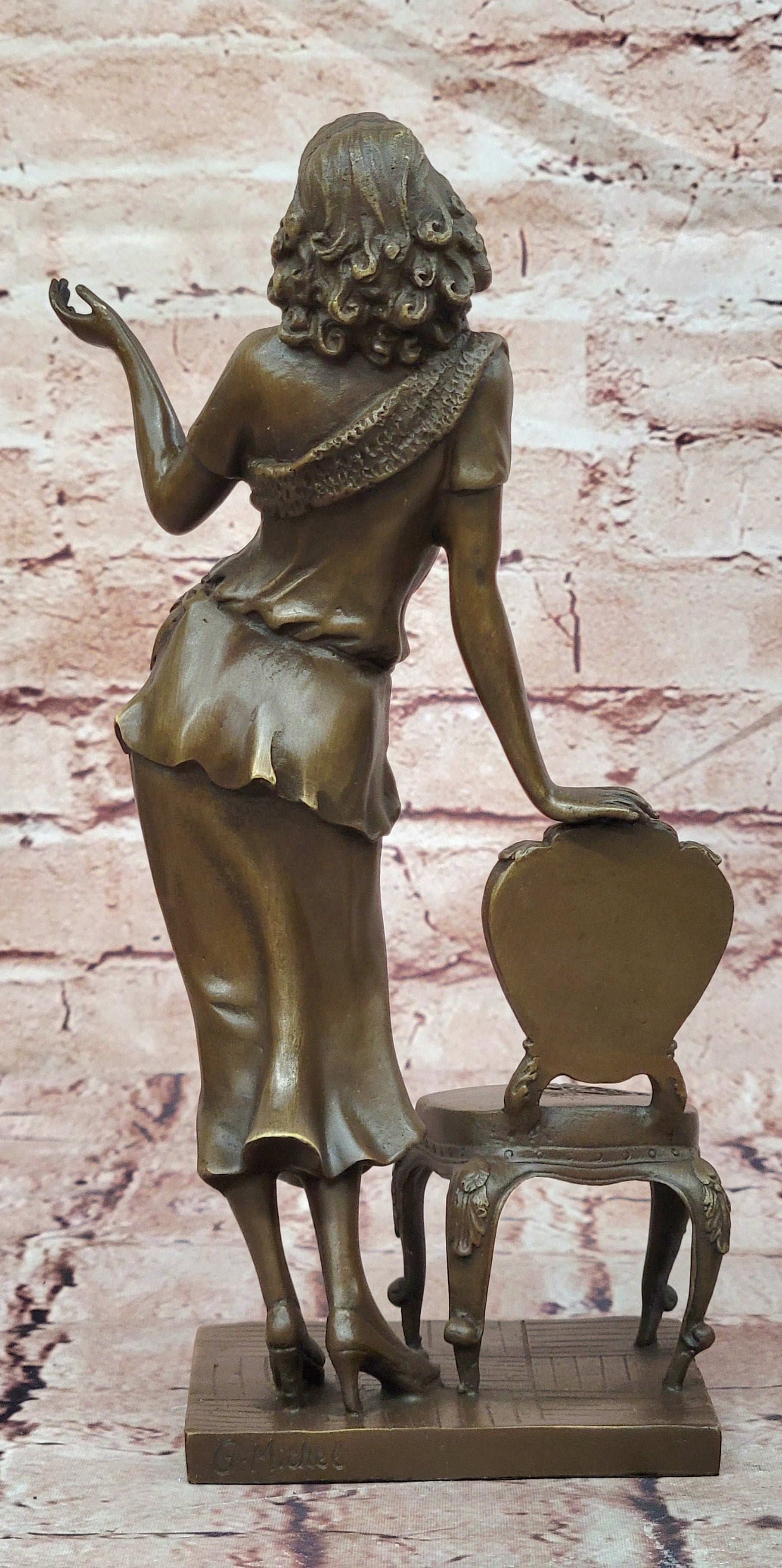 Bronze Elegant Woman Leaning Chair Sculpture G Michel Art Deco Figurine Art