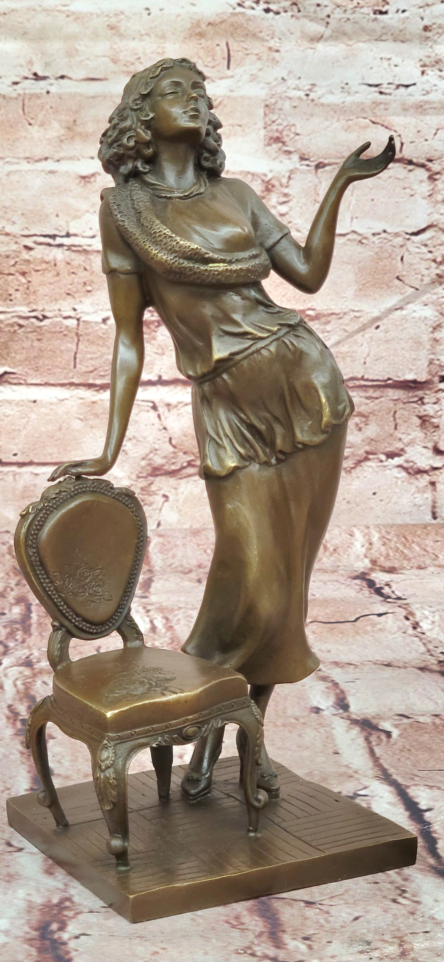 Bronze Elegant Woman Leaning Chair Sculpture G Michel Art Deco Figurine Art