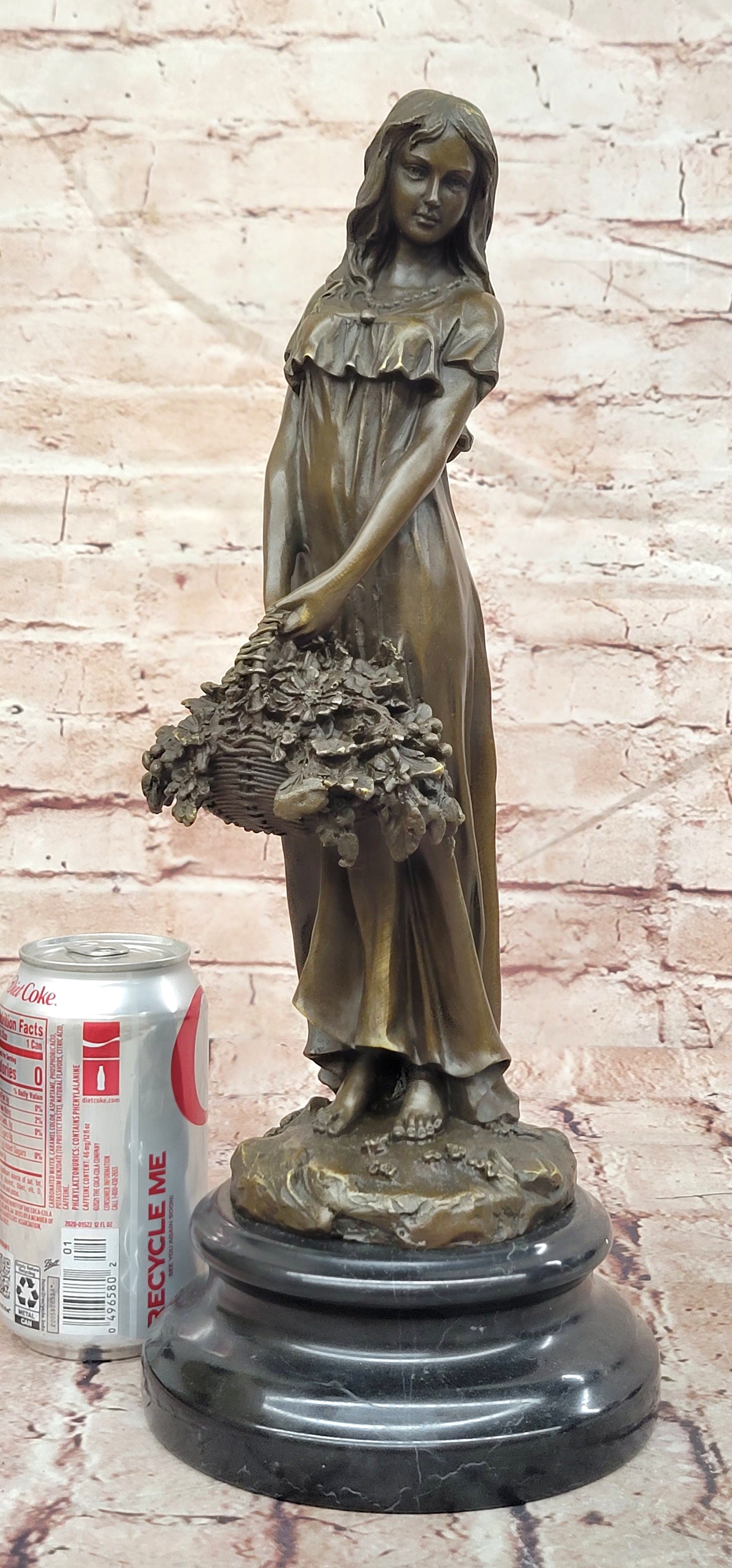 Bronze Young Lady with Flower Basket Sculpture Signed Milo Fine Art Collectible