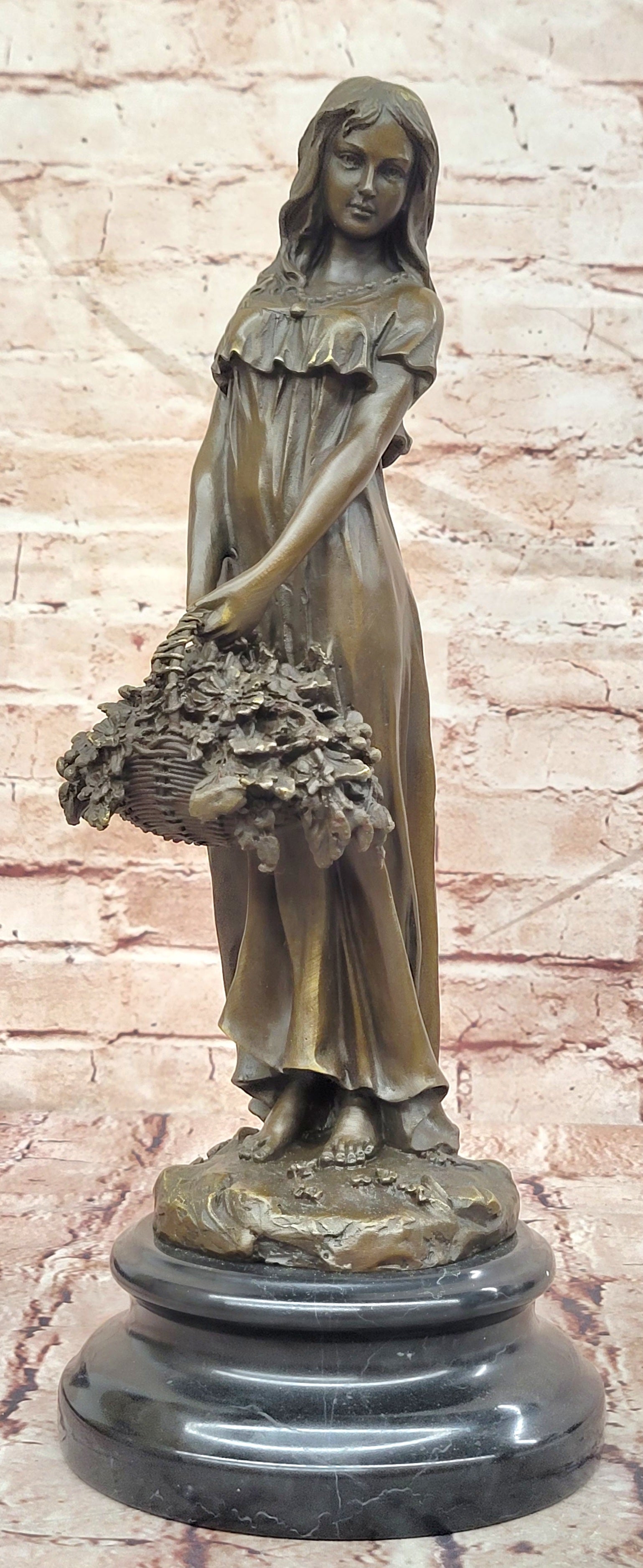 Bronze Young Lady with Flower Basket Sculpture Signed Milo Fine Art Collectible