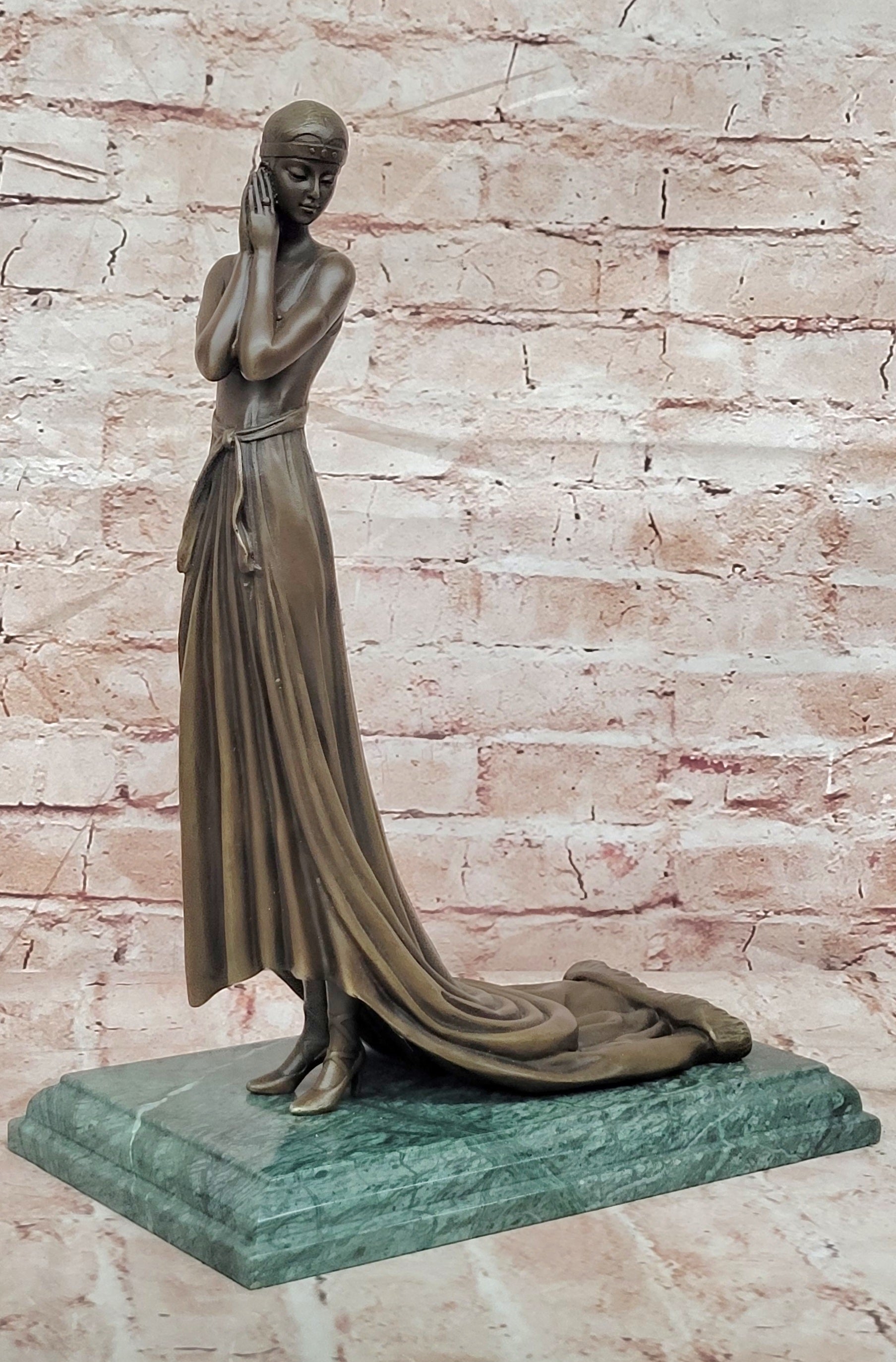 Bronze Elegant Lady Statue Signed J Erte Art Deco Figurine Artwork Art