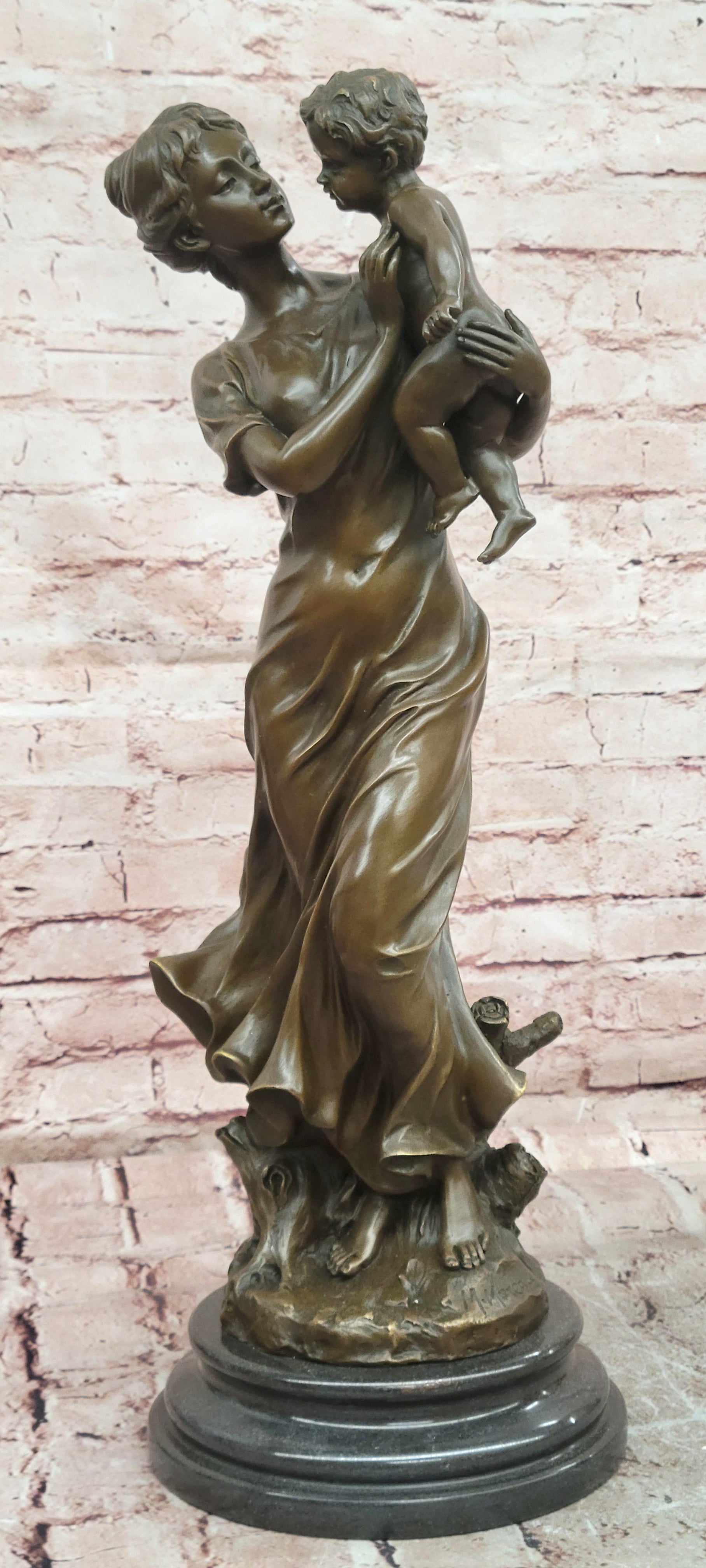 Bronze Family Sculpture Signed Moreau Mother and Child Collectible Art