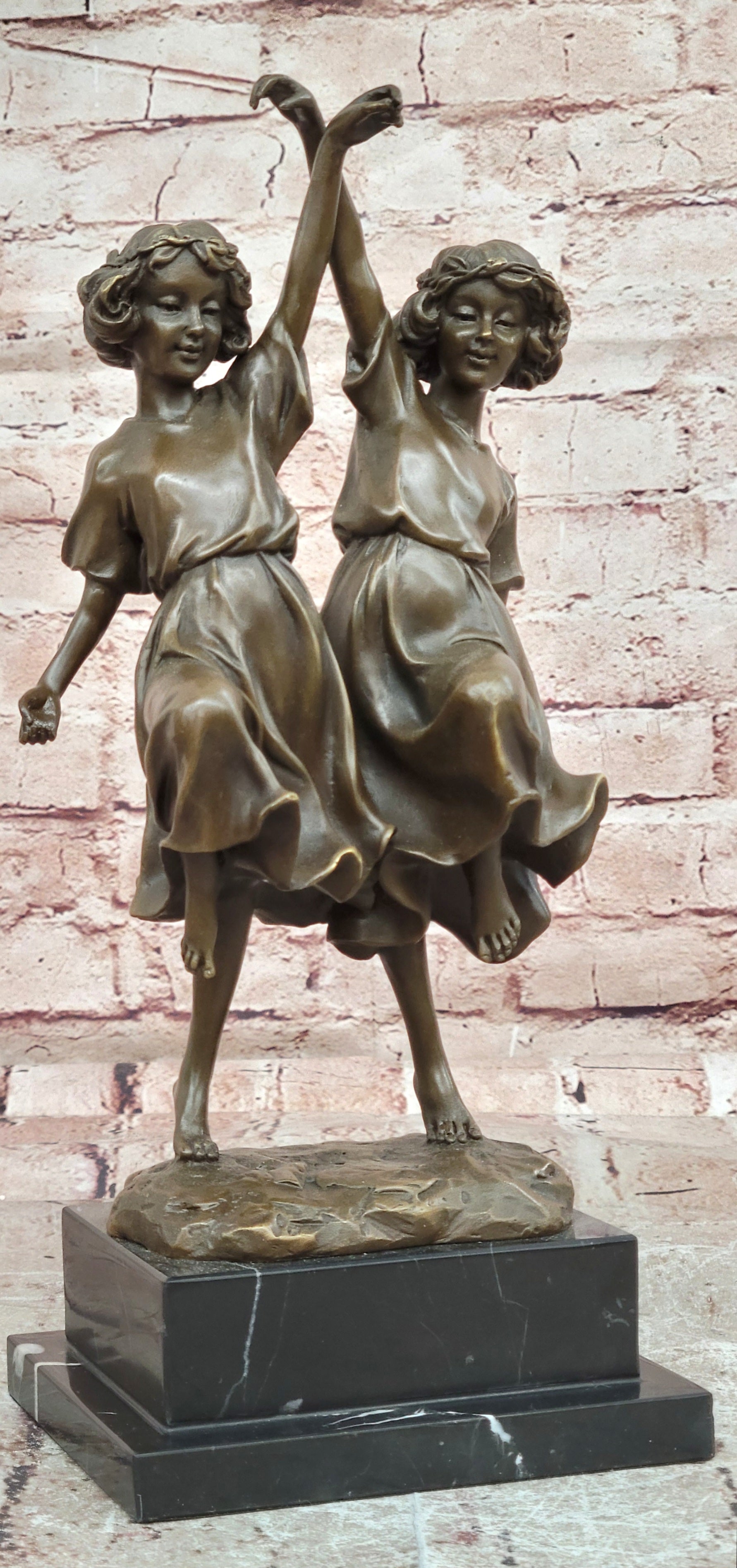 Handcrafted Bronze Twin Girls Dancing Sculpture Marble Base Luxury Home Decor