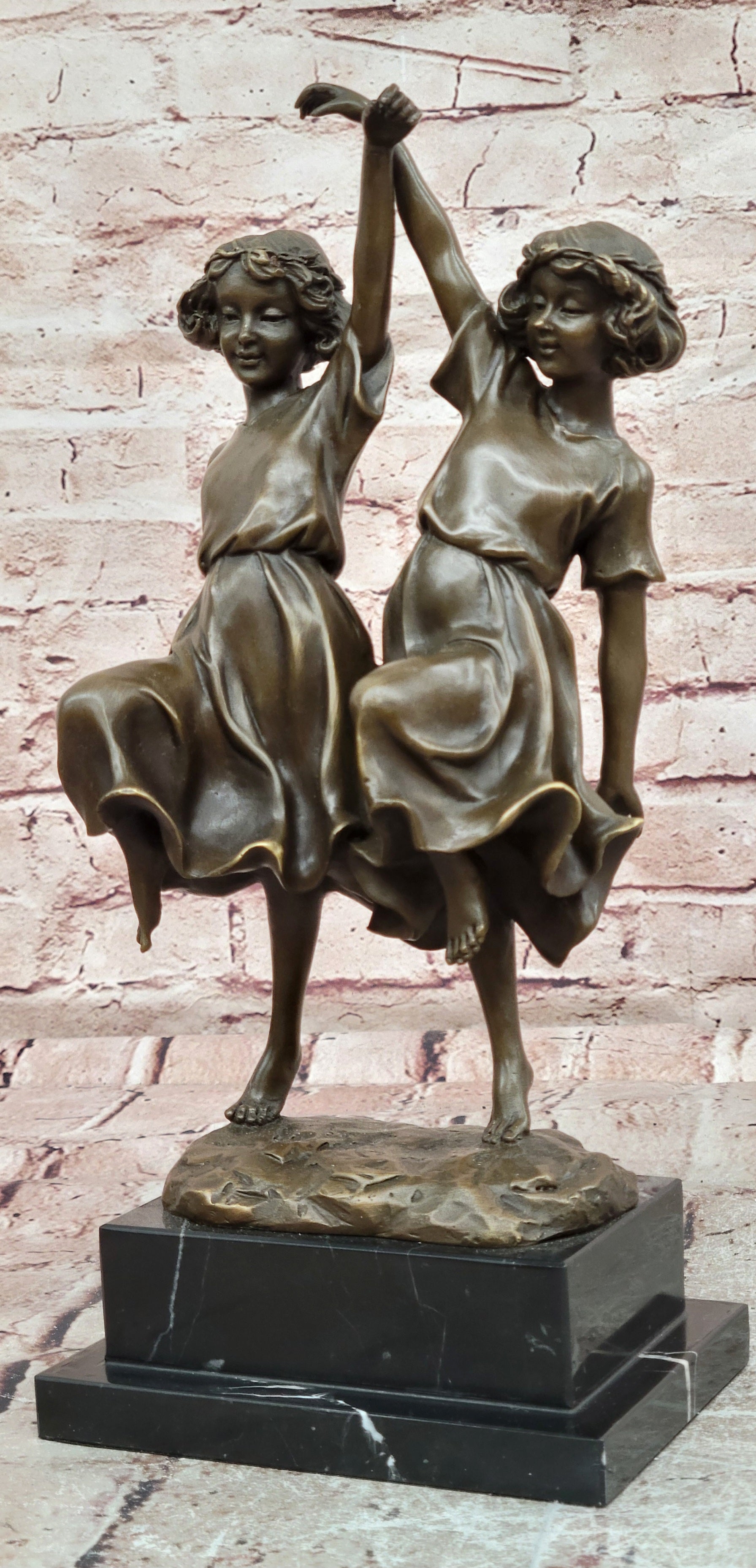 Handcrafted Bronze Twin Girls Dancing Sculpture Marble Base Luxury Home Decor