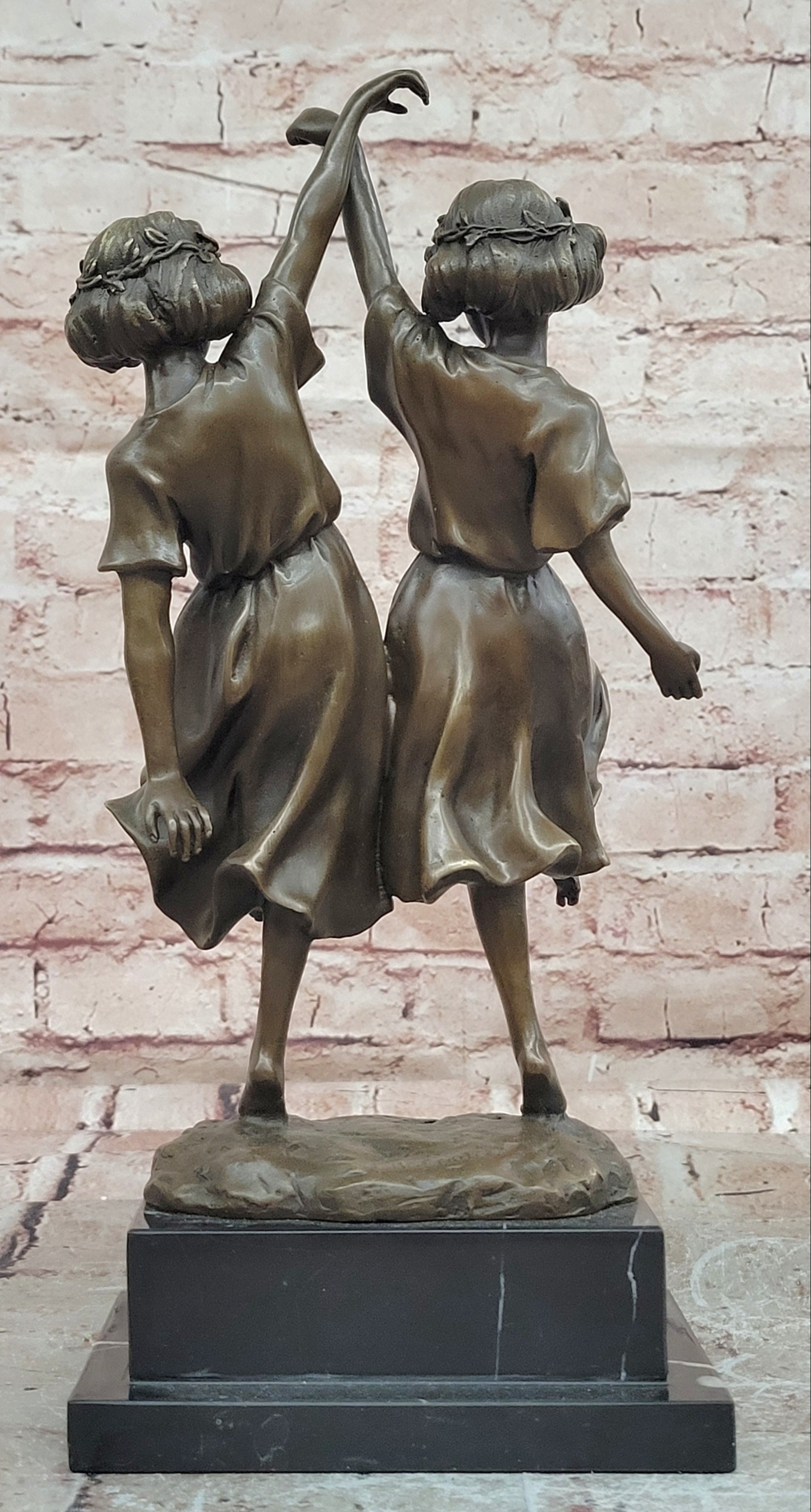 Handcrafted Bronze Twin Girls Dancing Sculpture Marble Base Luxury Home Decor