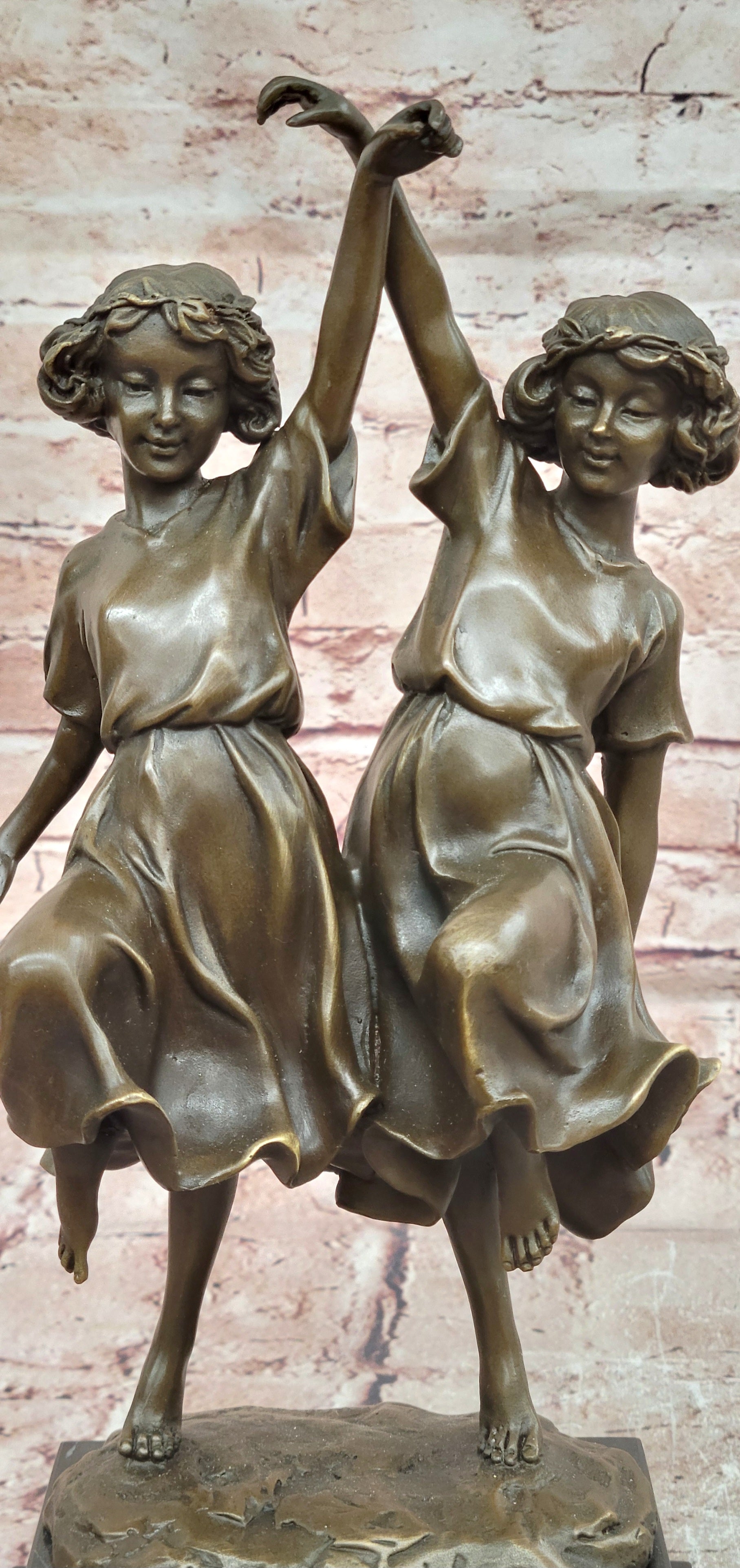 Handcrafted Bronze Twin Girls Dancing Sculpture Marble Base Luxury Home Decor