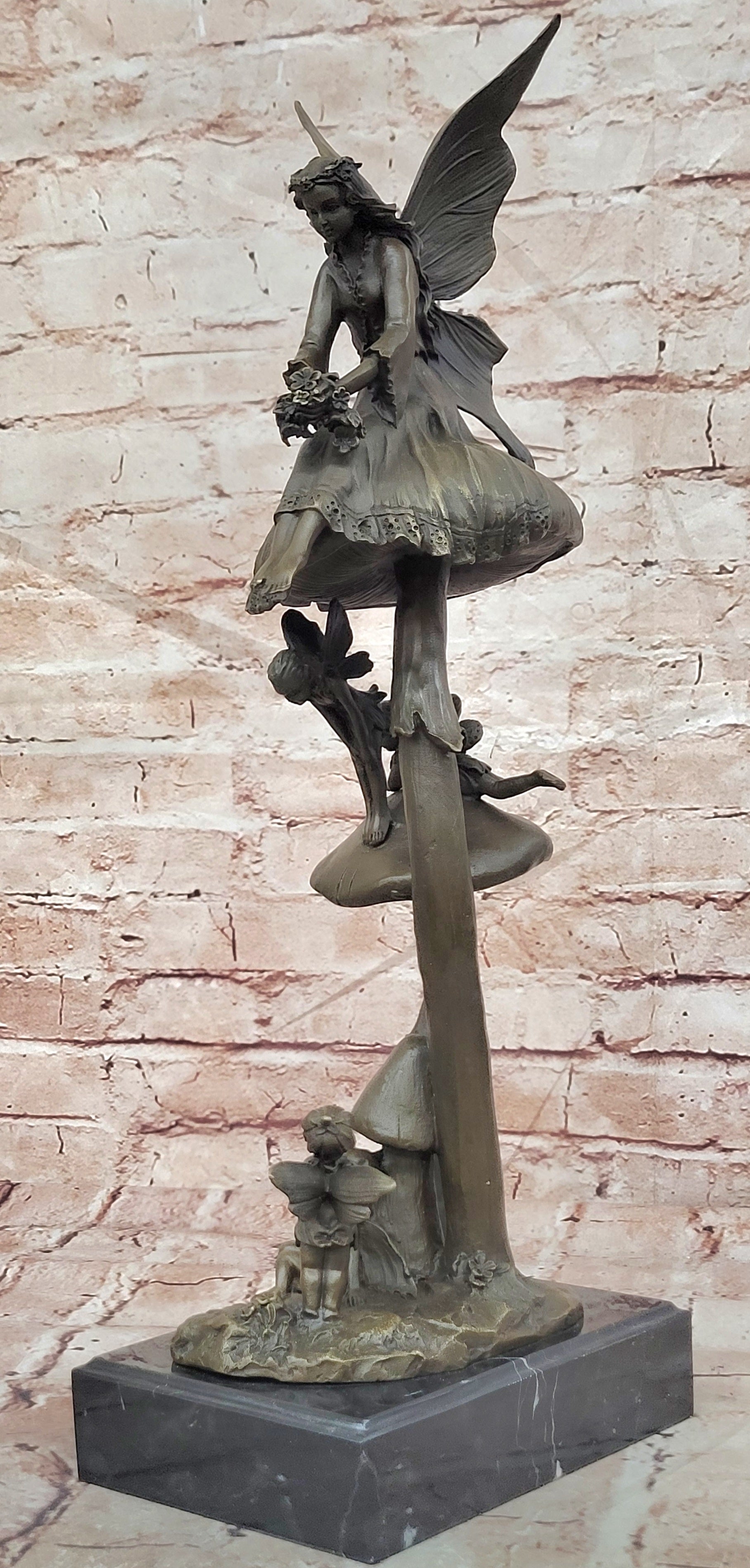 Bronze Elves on Mushrooms Statue Fantasy Woodland Fine Art Sculpture Decor