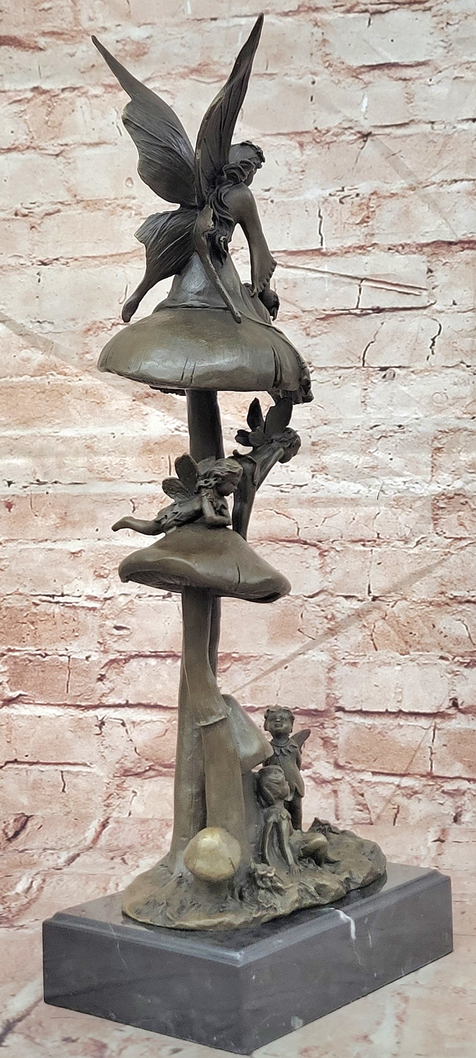 Bronze Elves on Mushrooms Statue Fantasy Woodland Fine Art Sculpture Decor