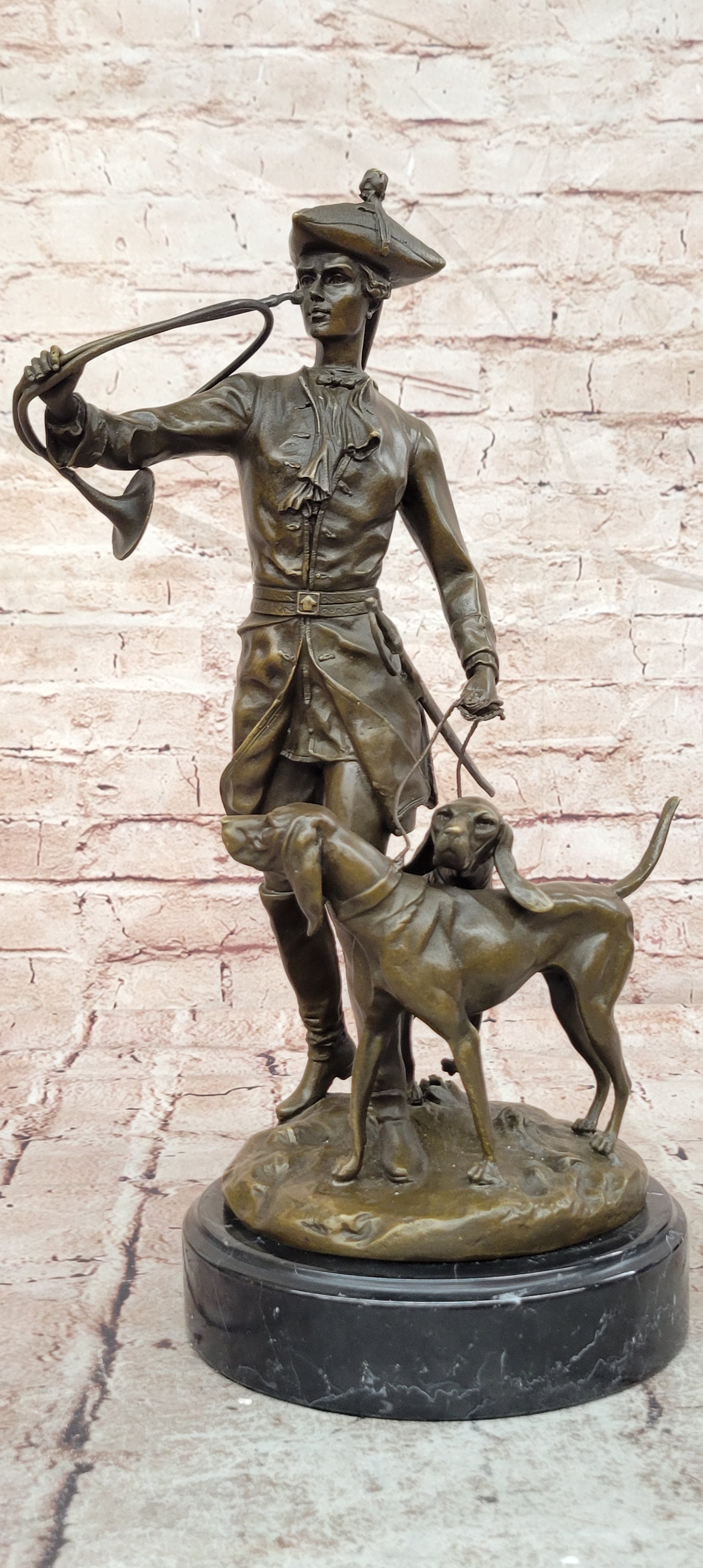 Bronze Hunter and Hound Dogs Sculpture Signed Moreau Fine Art Statue Large