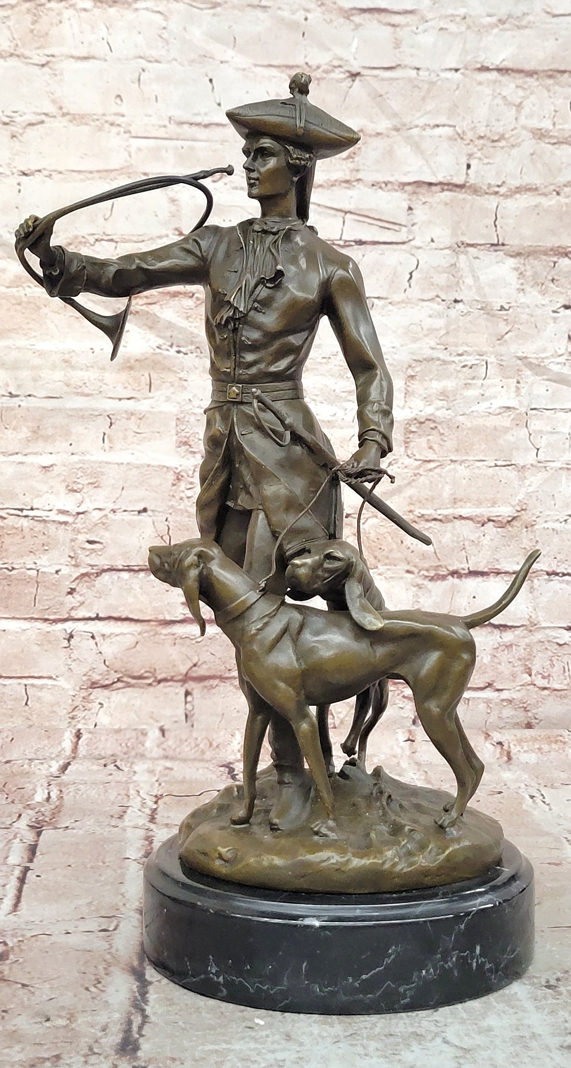 Bronze Hunter and Hound Dogs Sculpture Signed Moreau Fine Art Statue Large