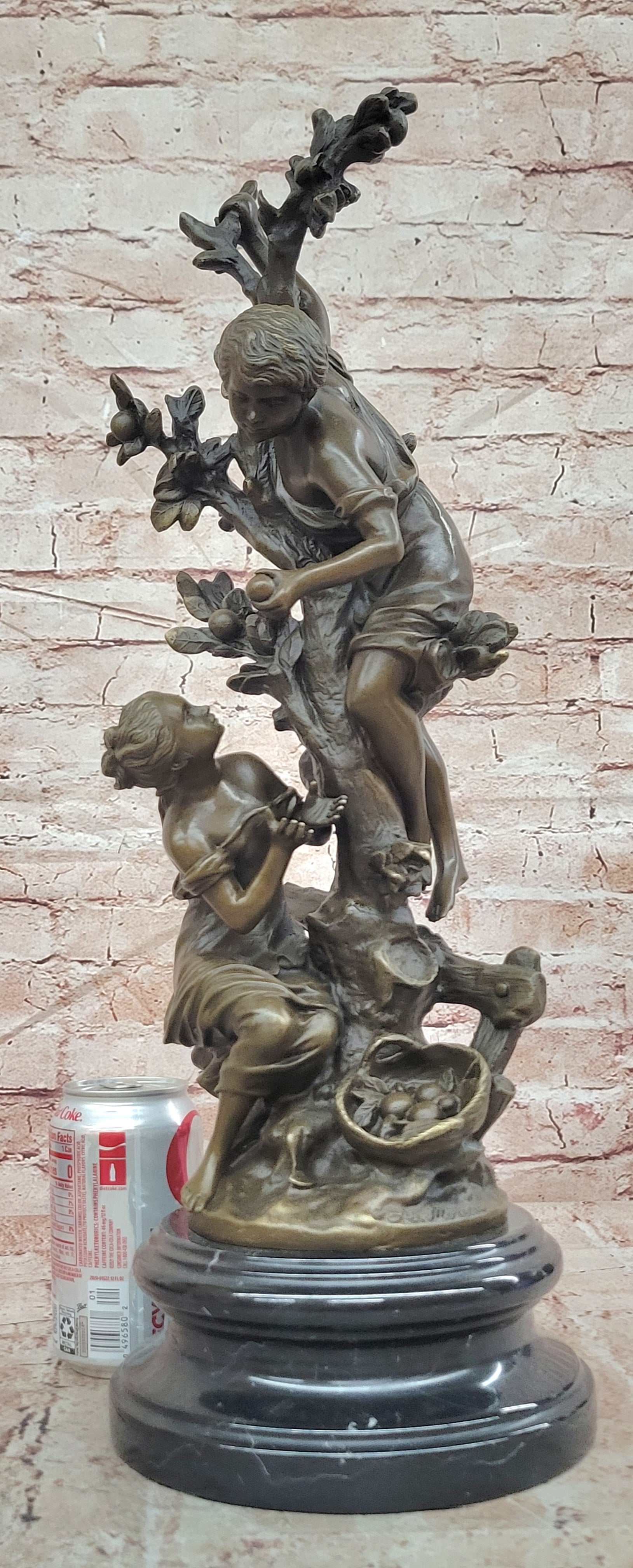 Bronze Tree Scene Sculpture Children Picking Fruit Signed Moreau Fine Art Statue