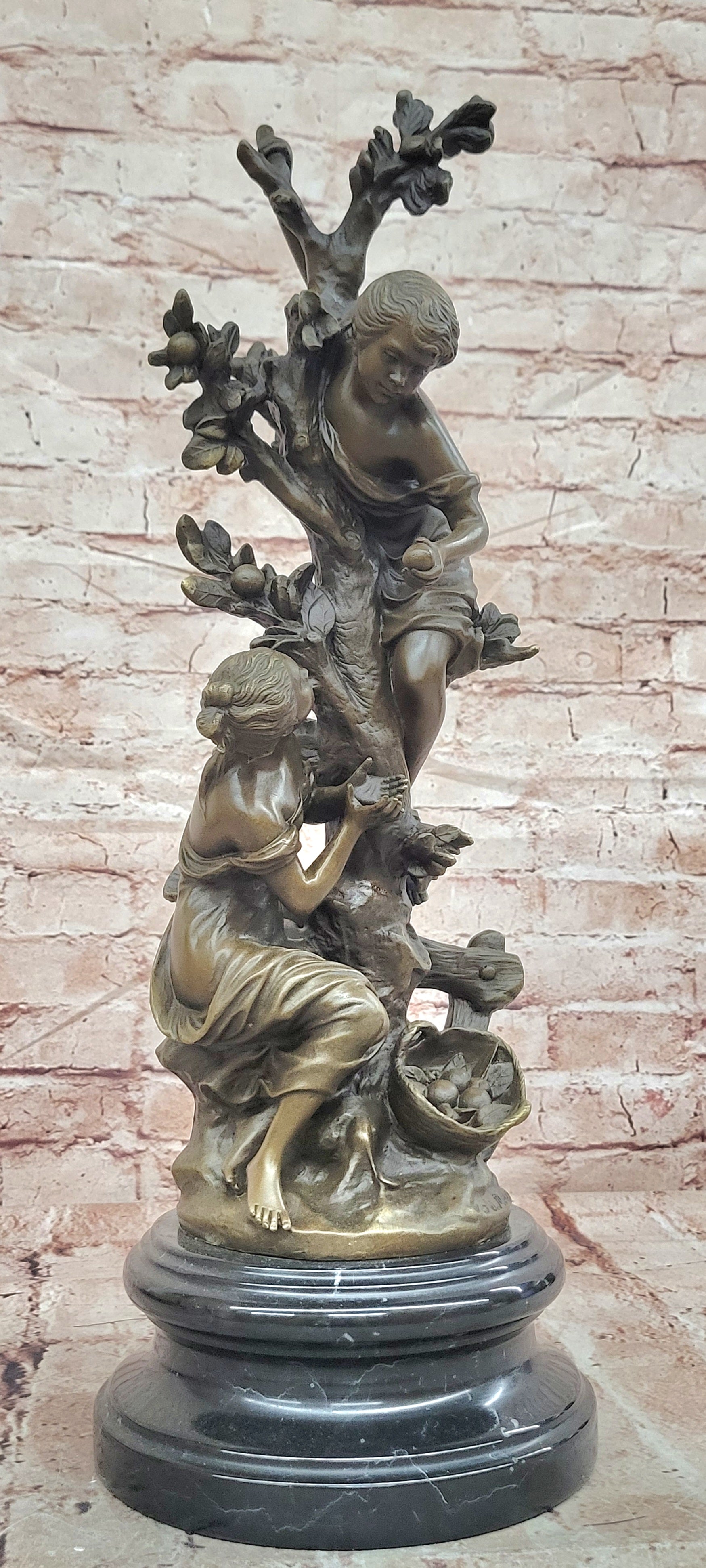 Bronze Tree Scene Sculpture Children Picking Fruit Signed Moreau Fine Art Statue
