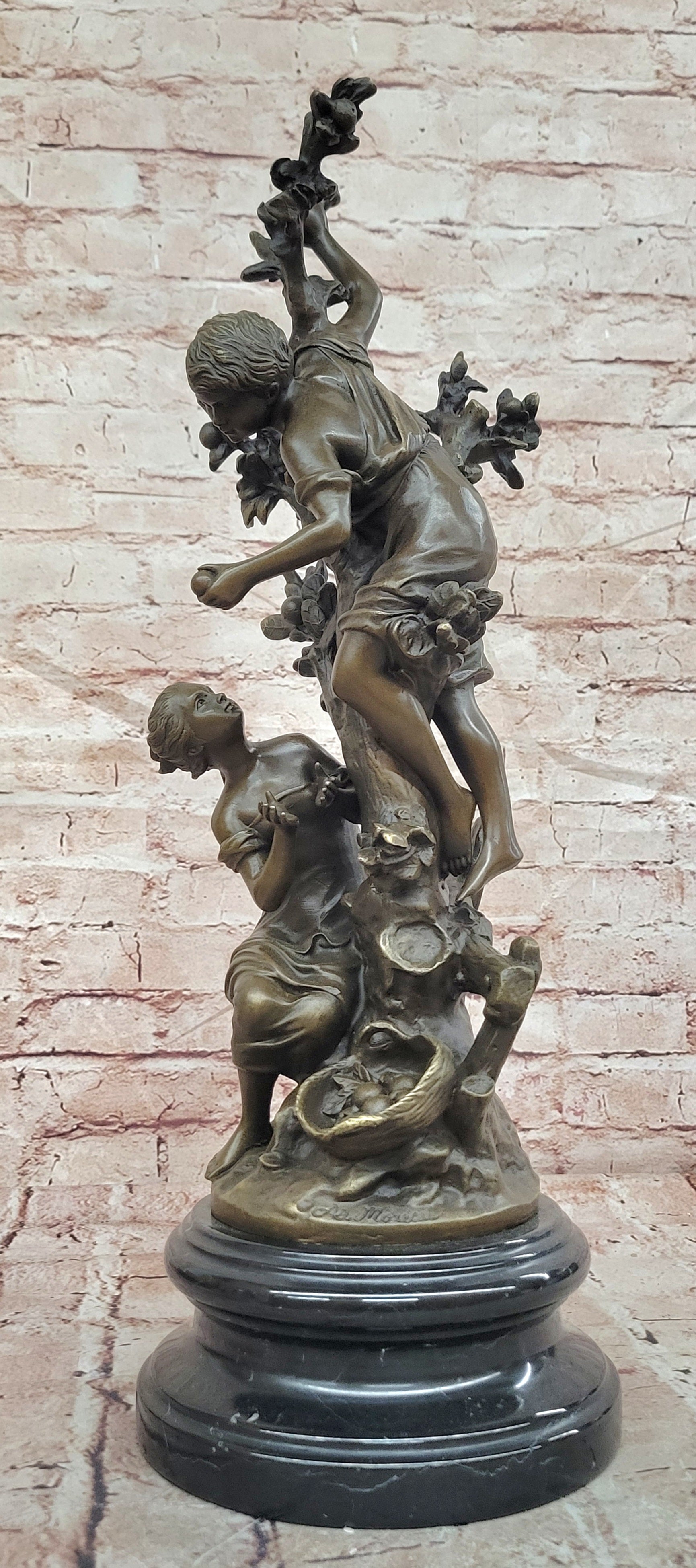Bronze Tree Scene Sculpture Children Picking Fruit Signed Moreau Fine Art Statue