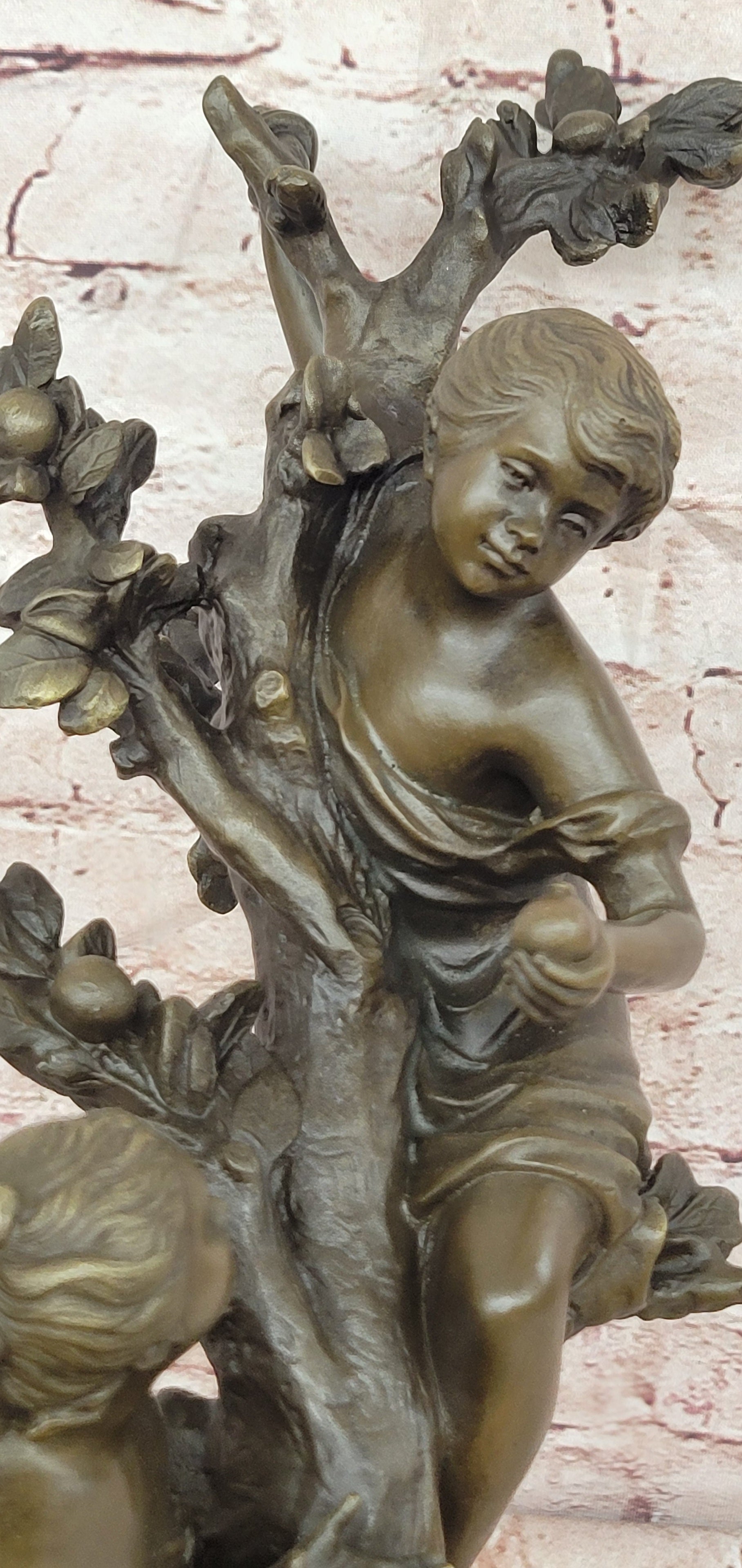 Bronze Tree Scene Sculpture Children Picking Fruit Signed Moreau Fine Art Statue