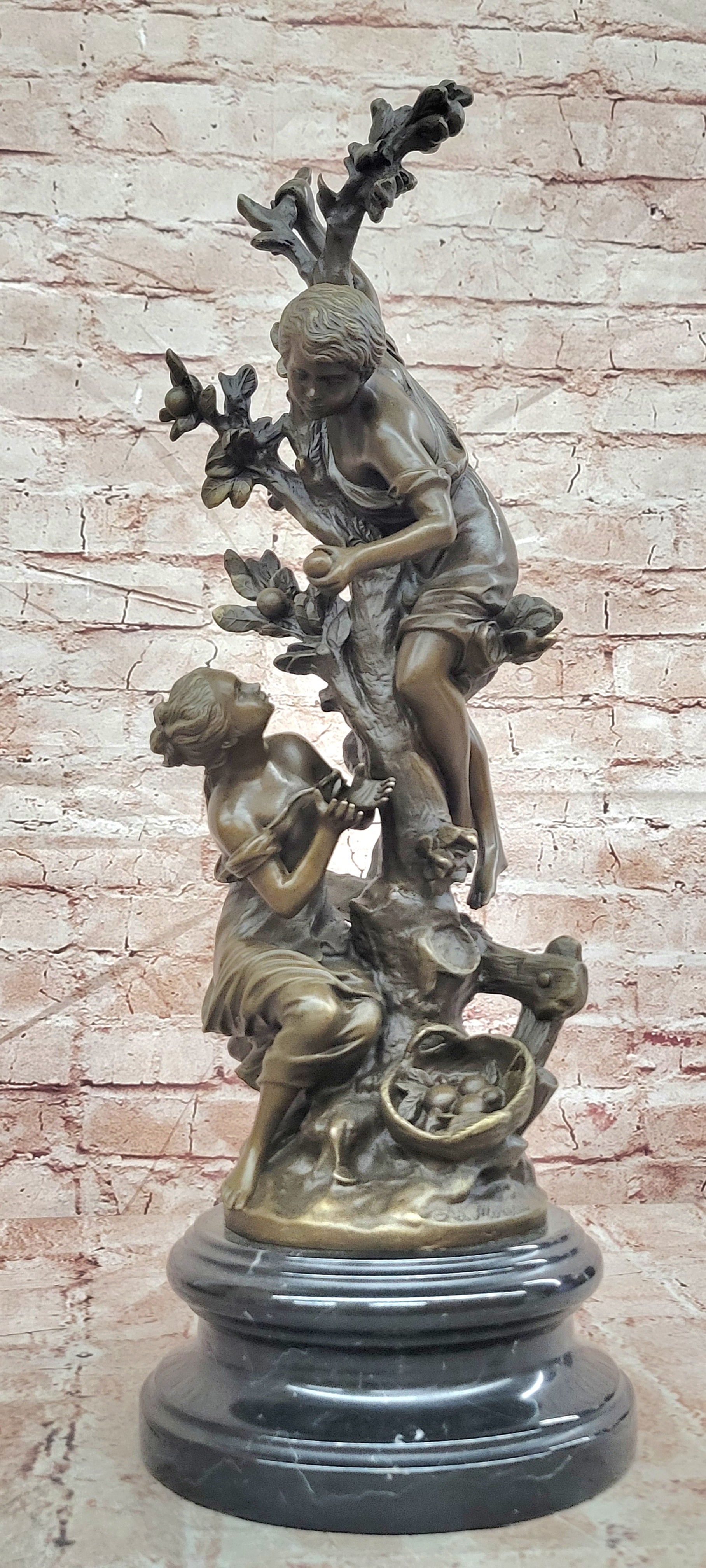 Bronze Tree Scene Sculpture Children Picking Fruit Signed Moreau Fine Art Statue