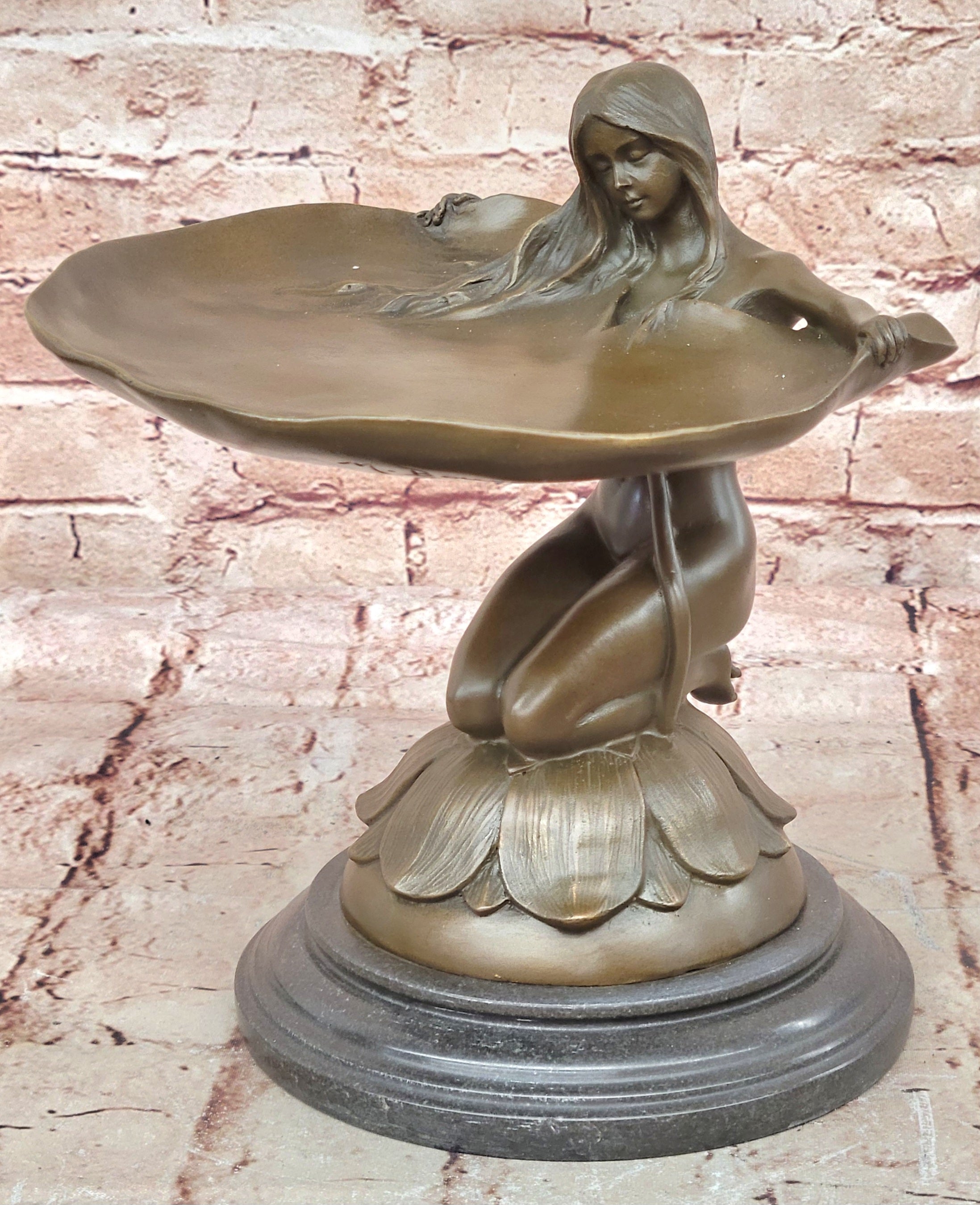 Art Nouveau Bronze Card Tray with Water Lily Woman Home Office Decoration