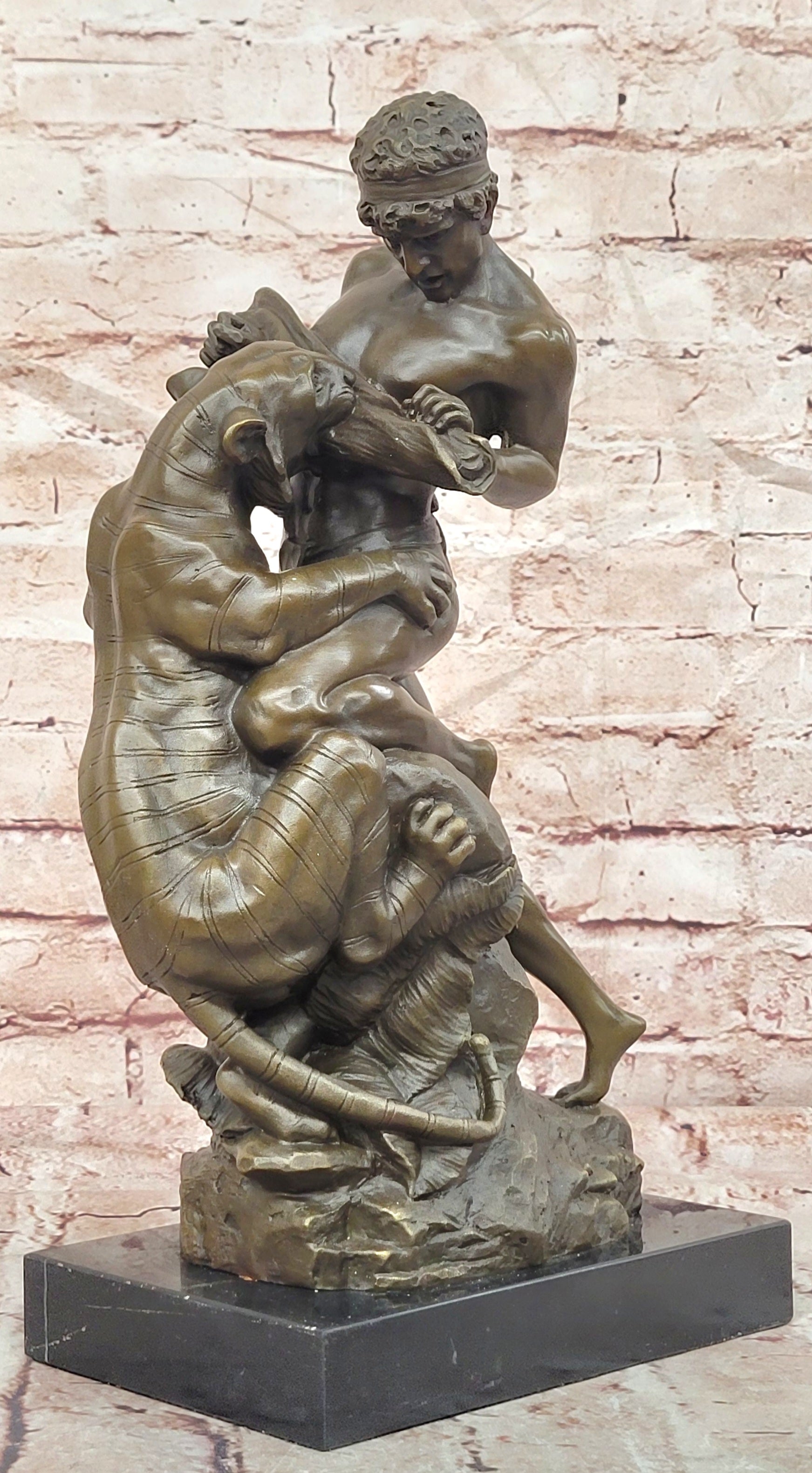 Bronze Dramatic Man vs Tiger Statue Drouot Fine Art Collectible Sculpture Statue