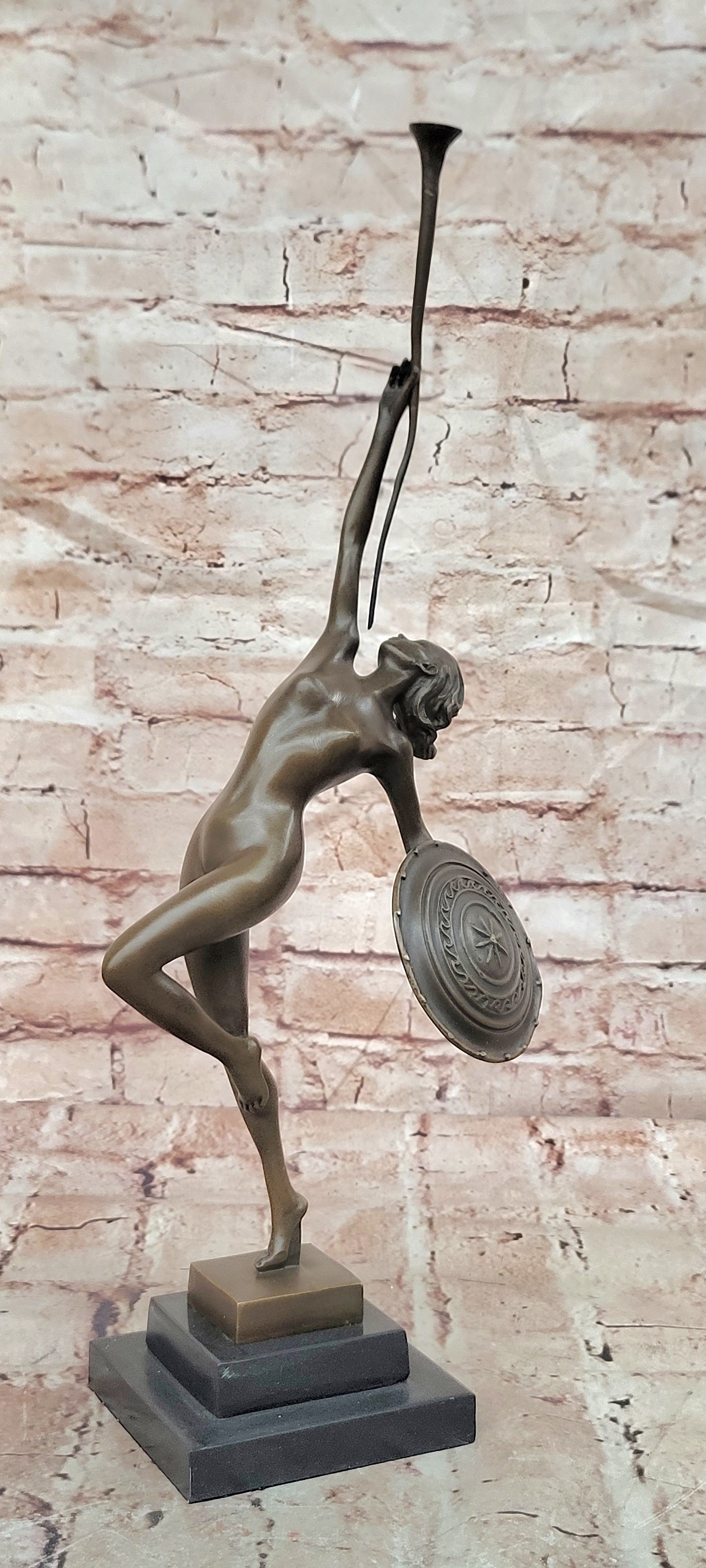 Raymonde Guerbe Bronze Shield Maiden Sculpture Art Deco Fine Art Collectible Statue
