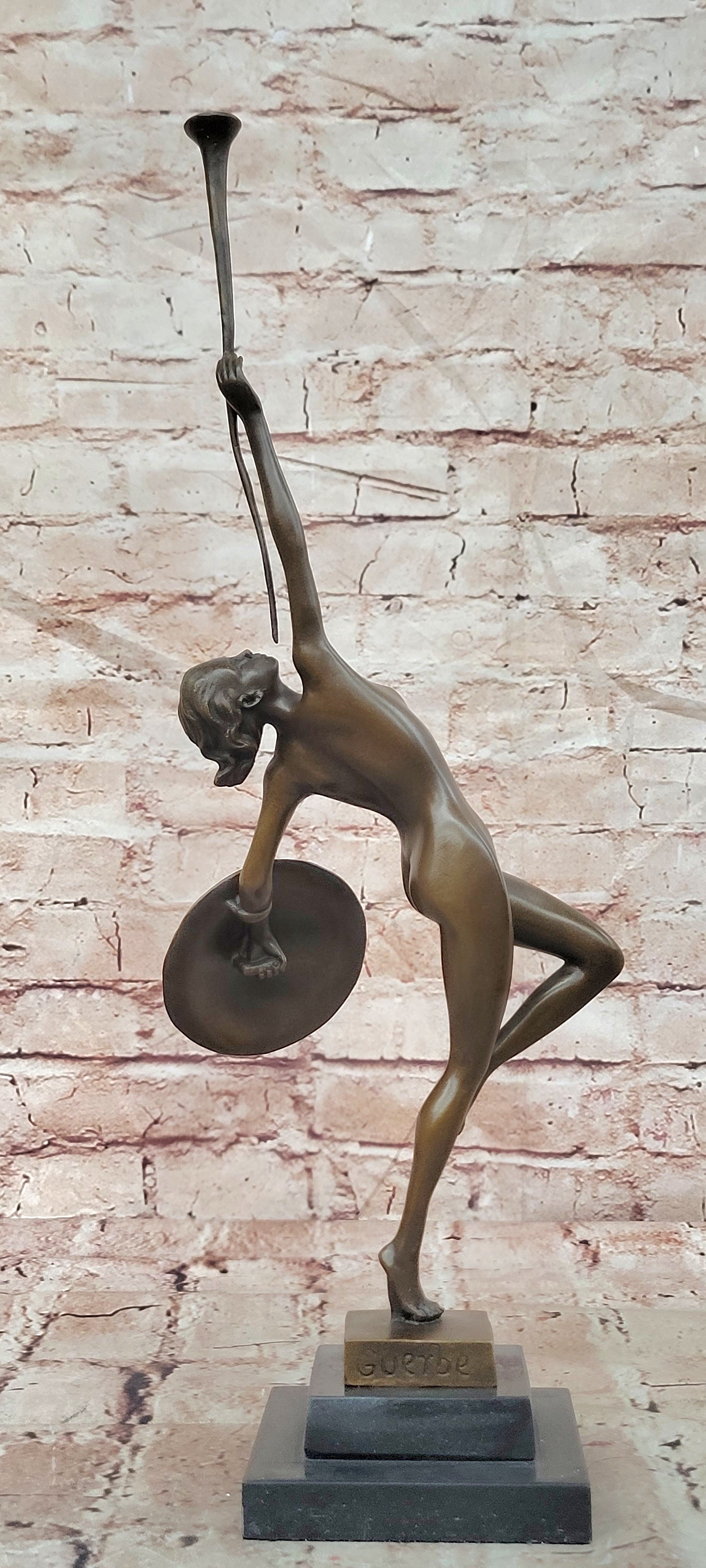 Raymonde Guerbe Bronze Shield Maiden Sculpture Art Deco Fine Art Collectible Statue
