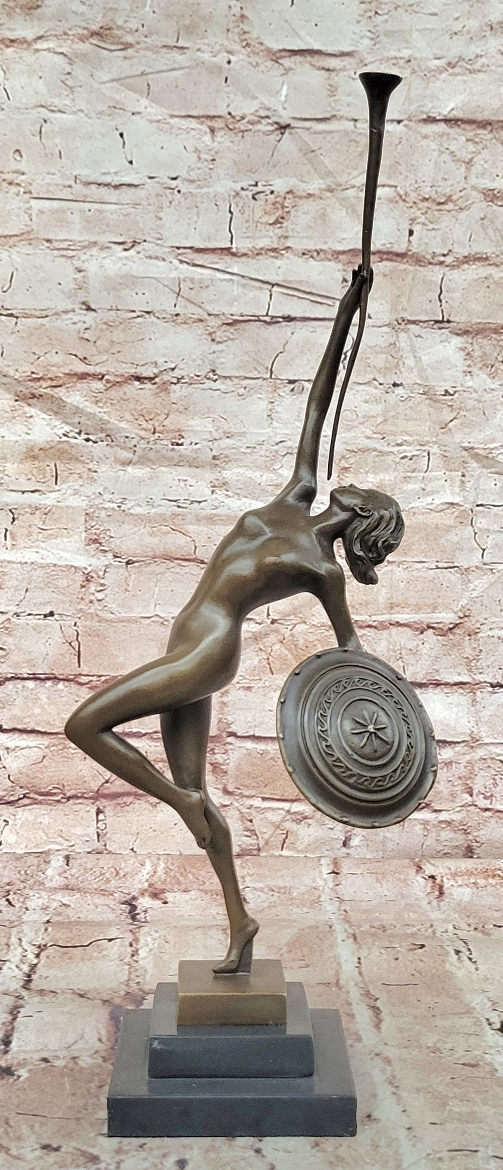 Raymonde Guerbe Bronze Shield Maiden Sculpture Art Deco Fine Art Collectible Statue