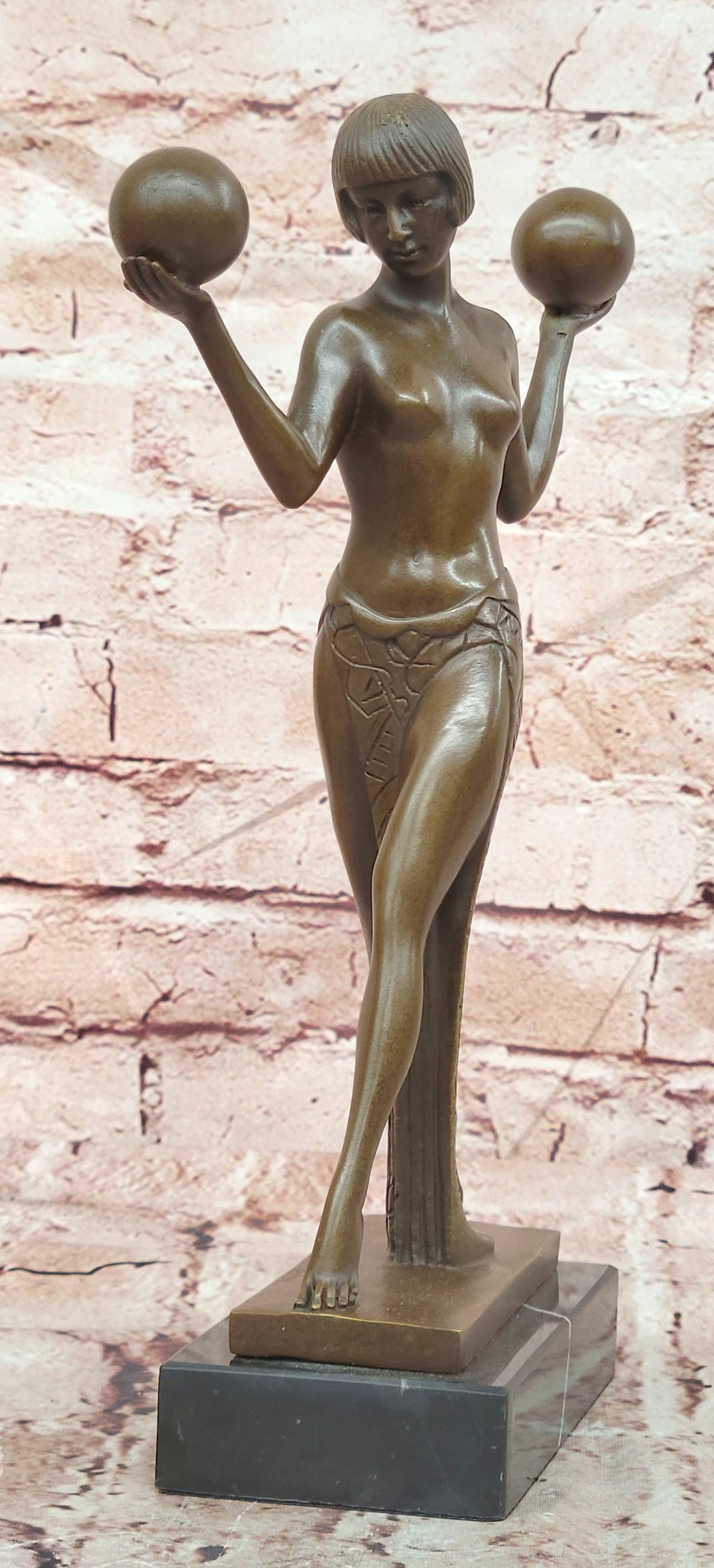 Bronze Female Balancing Balls Sculpture Signed Guerbe Art Deco Figurine Statue