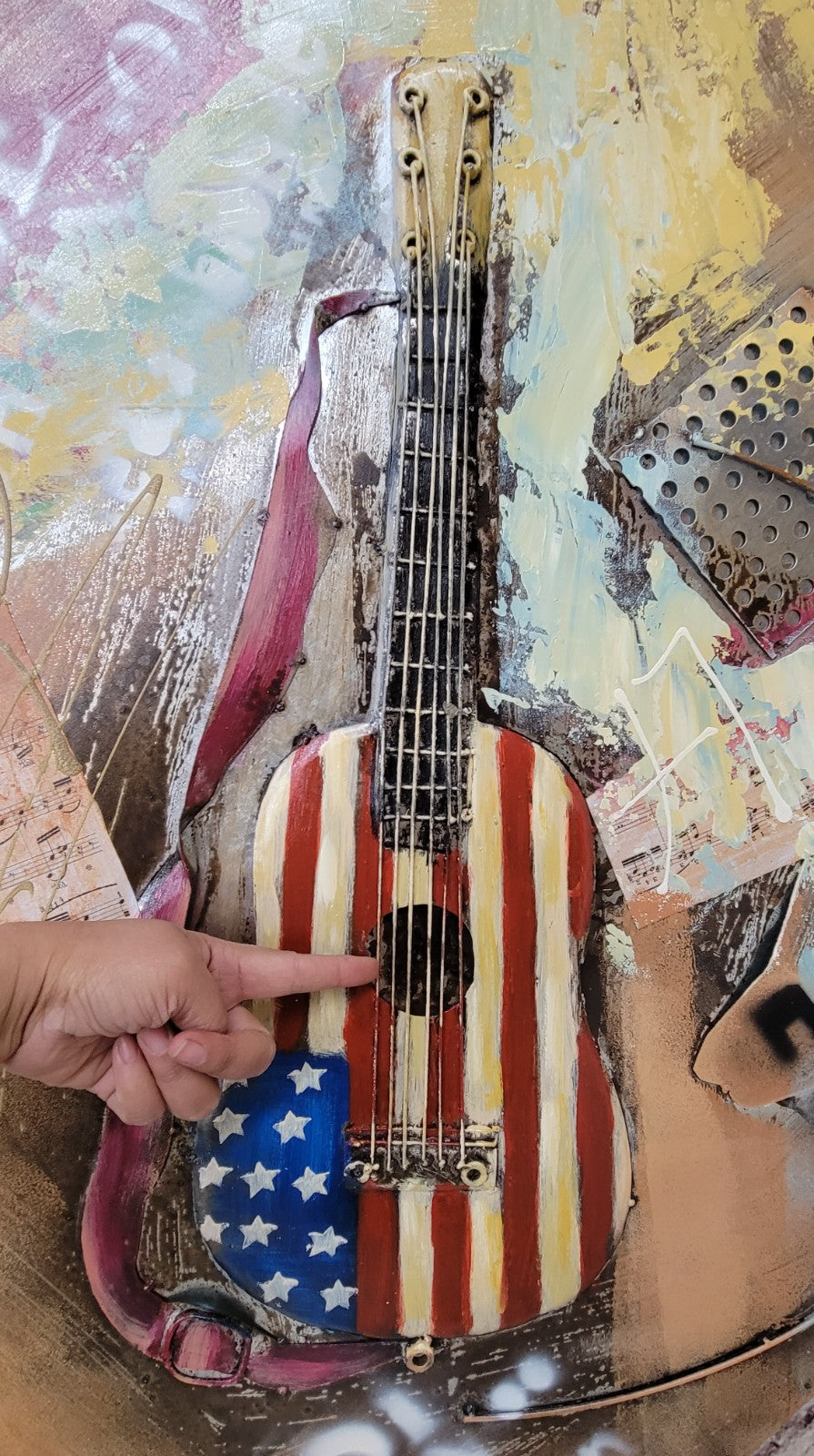 Unique Classic Artwork American Flag Guitar 3-D Metal Canvas Painting