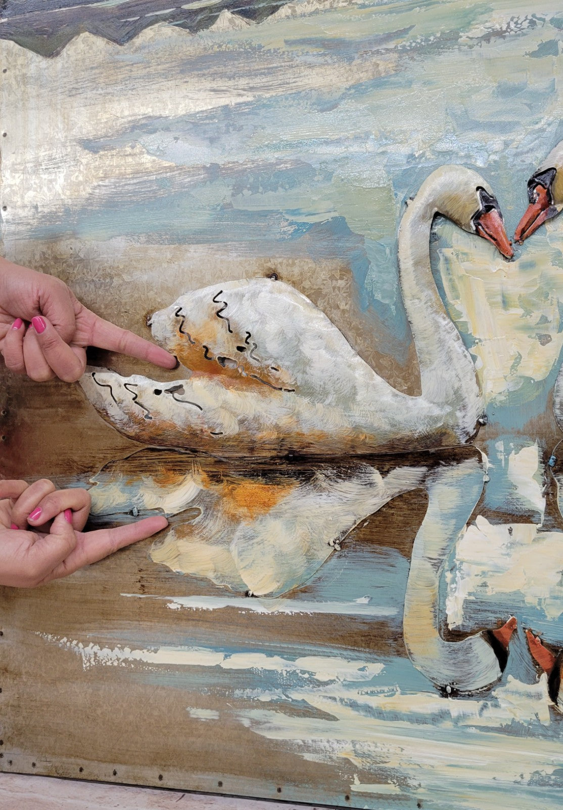 This striking wall art features two swans three Dimensional Fine Art artwork