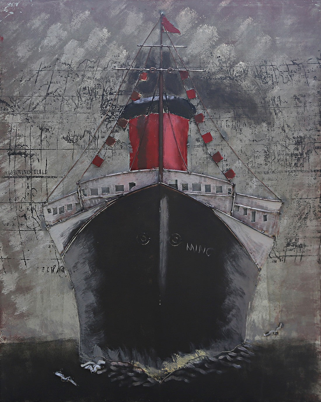 3D Marine iron Wall art embossed Ship Painting Mixed Media Hand Painted metal