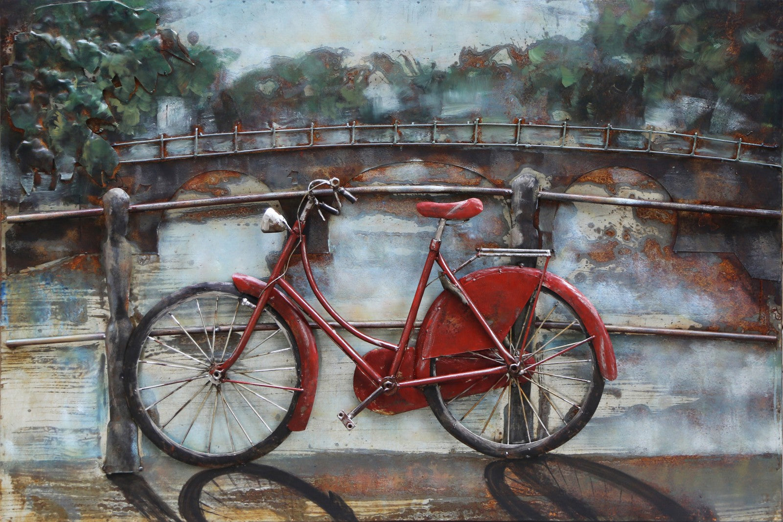 Bicycle With Trees Framed Metal Canvas Wall Art Decor 3 Dimensional Work