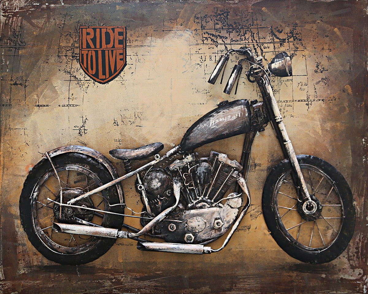 Framed Motorcycle Wall Art Metal Canvas Painting Rustic Landscape Decor Figure