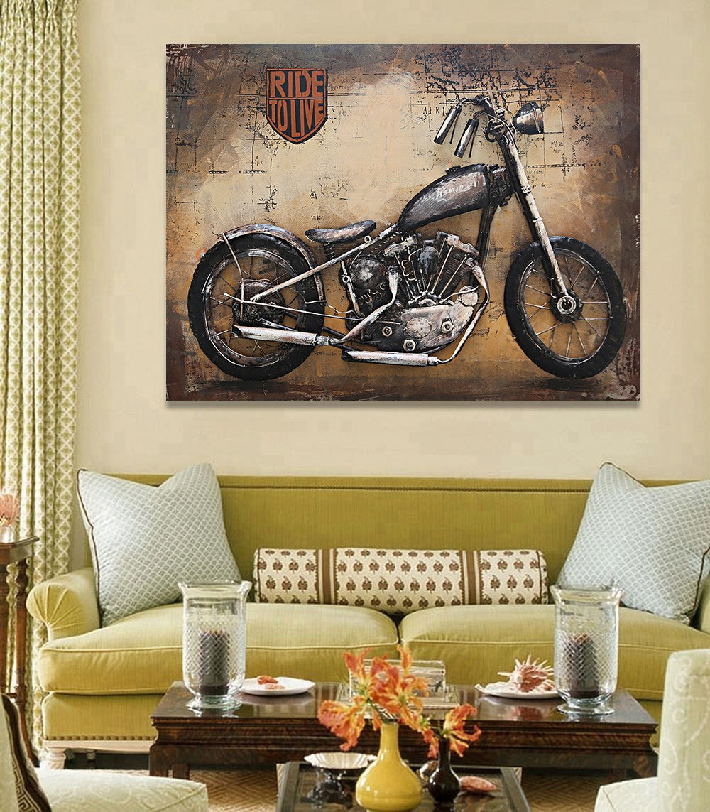 Framed Motorcycle Wall Art Metal Canvas Painting Rustic Landscape Decor Figure